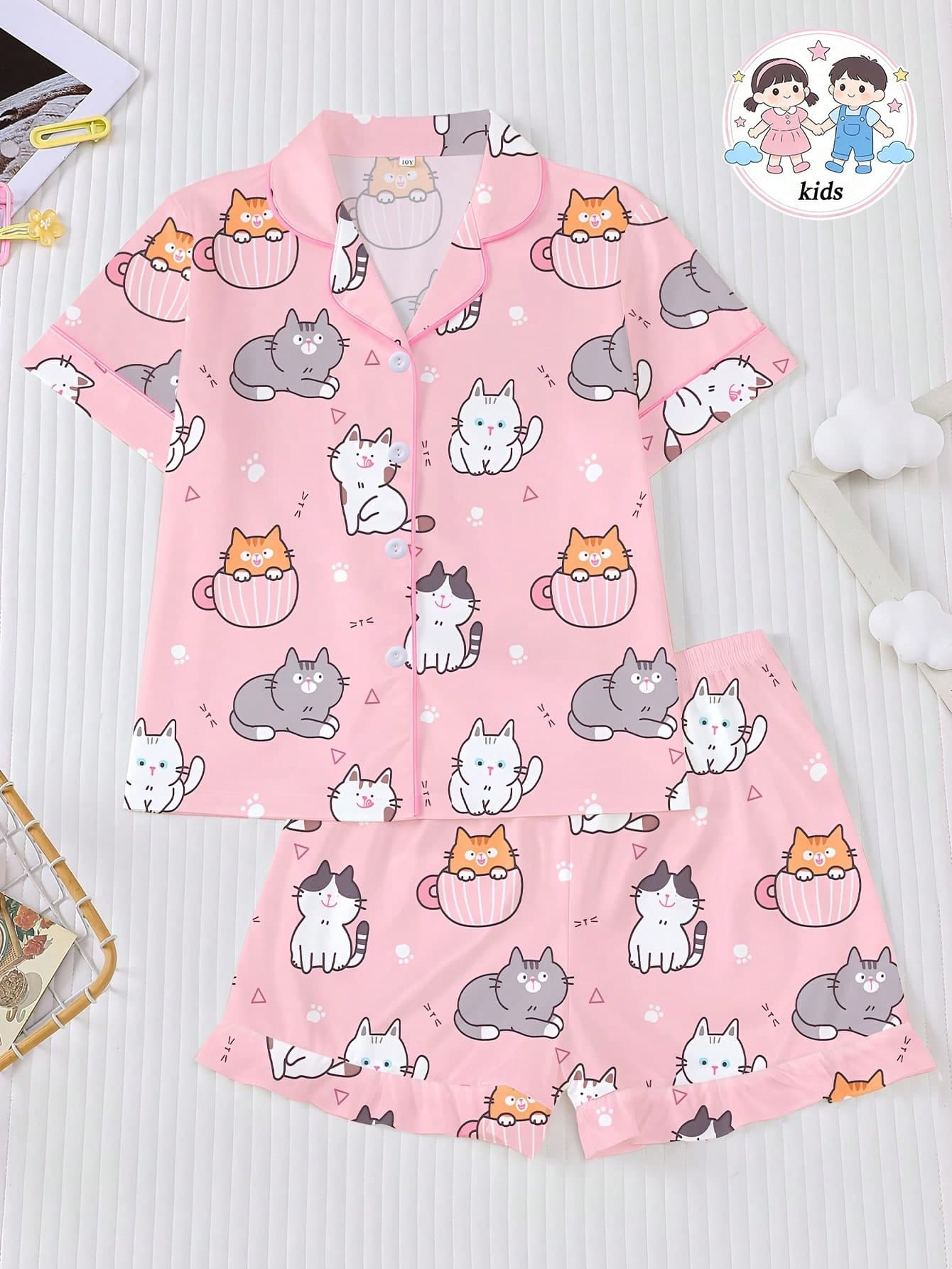 2pcs Girls Cute Cat Print Pajama Set, Flame Retardant Collar Cardigan Short Sleeve Top And Loose Elastic Waist Shorts, Pink Base With Teacup Cat Graphic, Suitable For Children And Teens To Wear At Home
