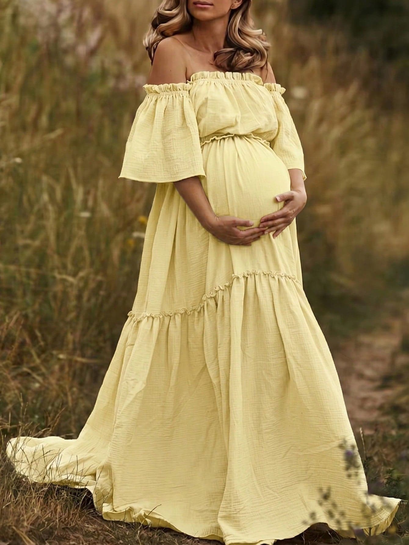 Yellow Maternity Off Shoulder Layered Short Sleeve Chiffon Dress With Ruffled Hem, Suitable For Special Occasions Like Lawn, Beach, Garden