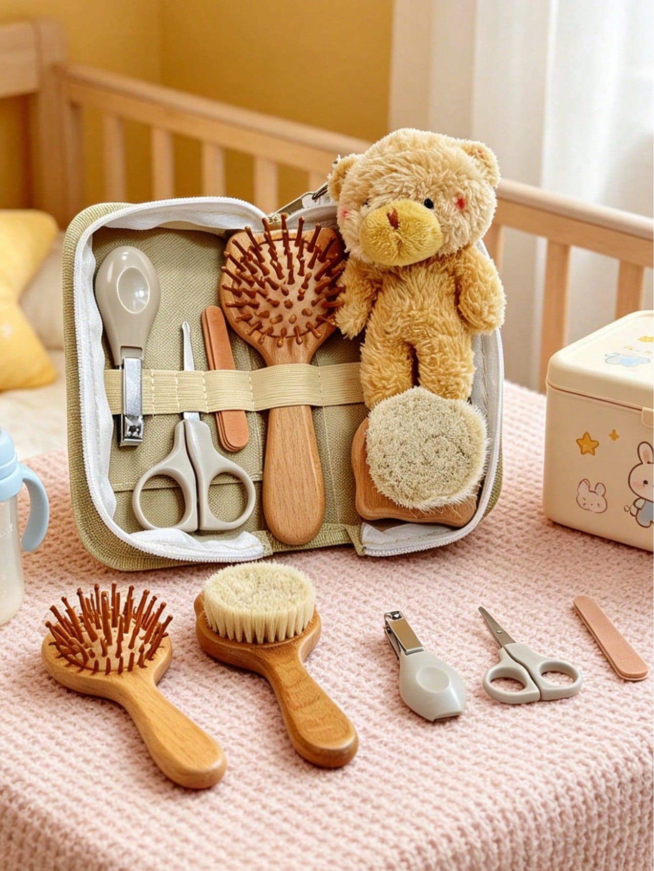 7-In-1 Baby Care Set, Includes Wooden Hair Brush, Nail Clipper, Scissors, Nail File, Suitable For Newborns, Infants And Children