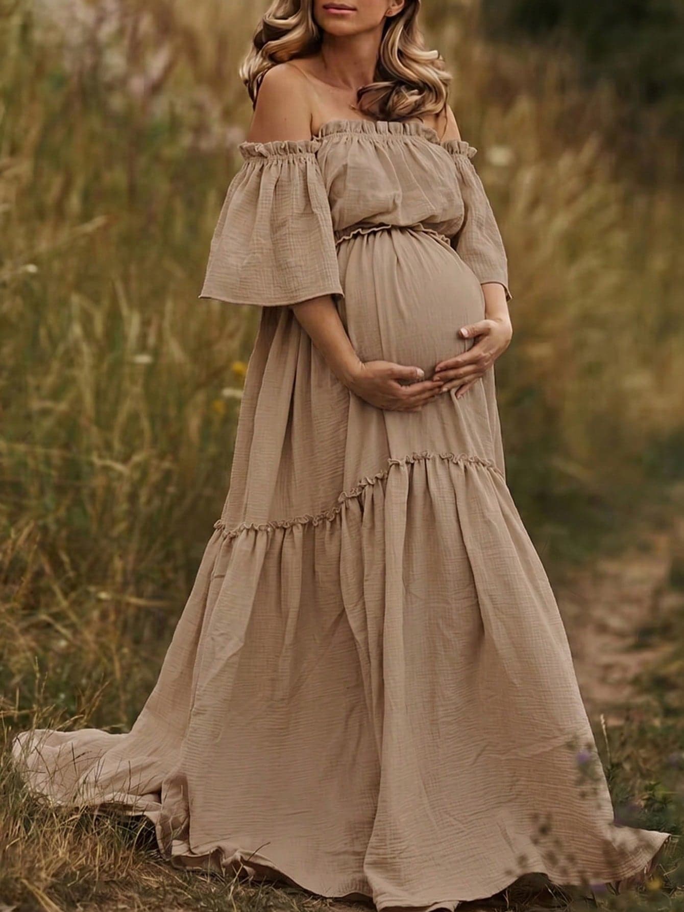 Khaki Maternity Off-Shoulder Layered Short Sleeve Chiffon Dress With Ruffled Hem, Suitable For Special Occasions Like Lawn, Beach, Garden