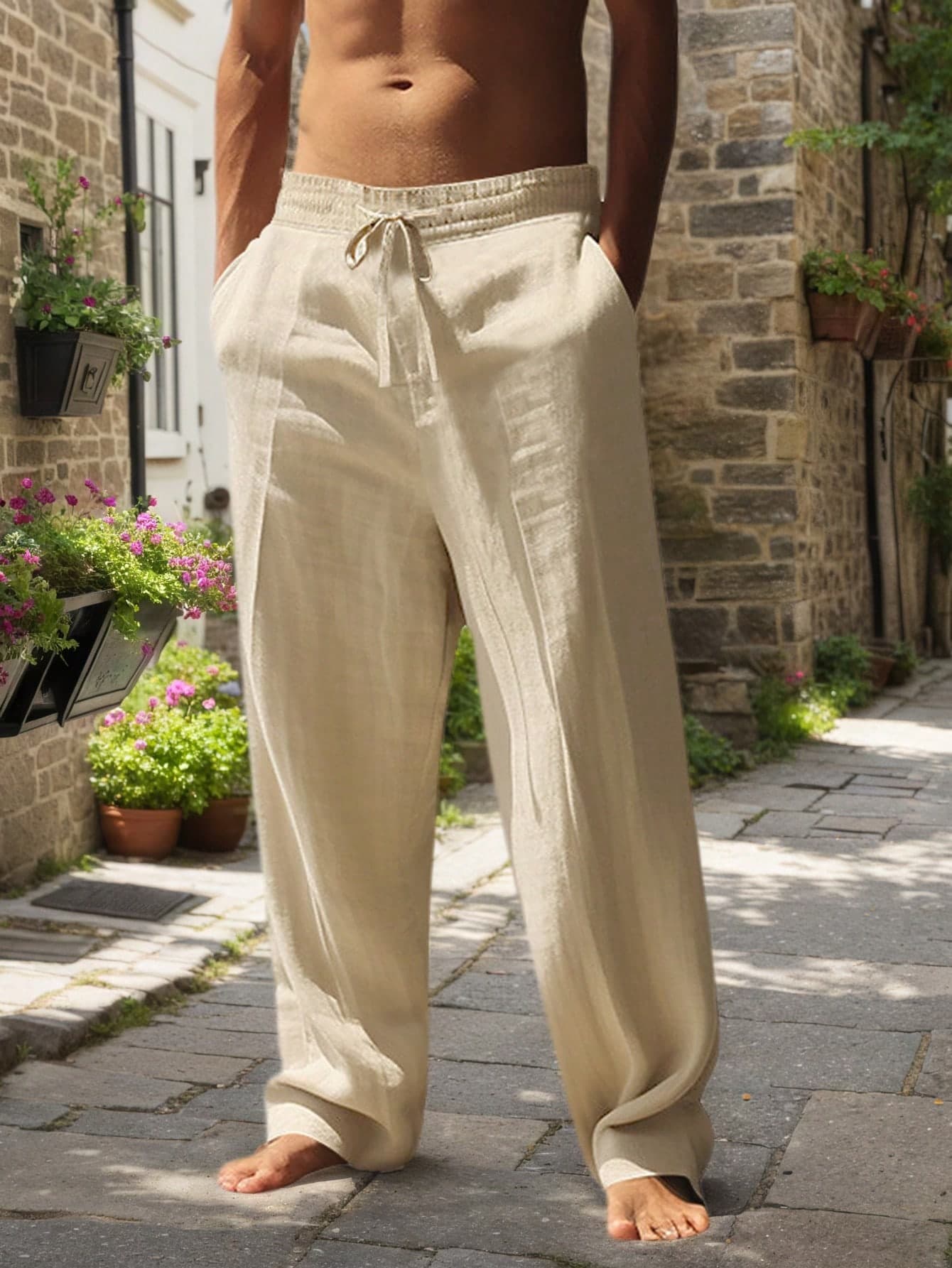 Men's Khaki Linen Woven Loose Casual Pants, Spring/Autumn & Summer