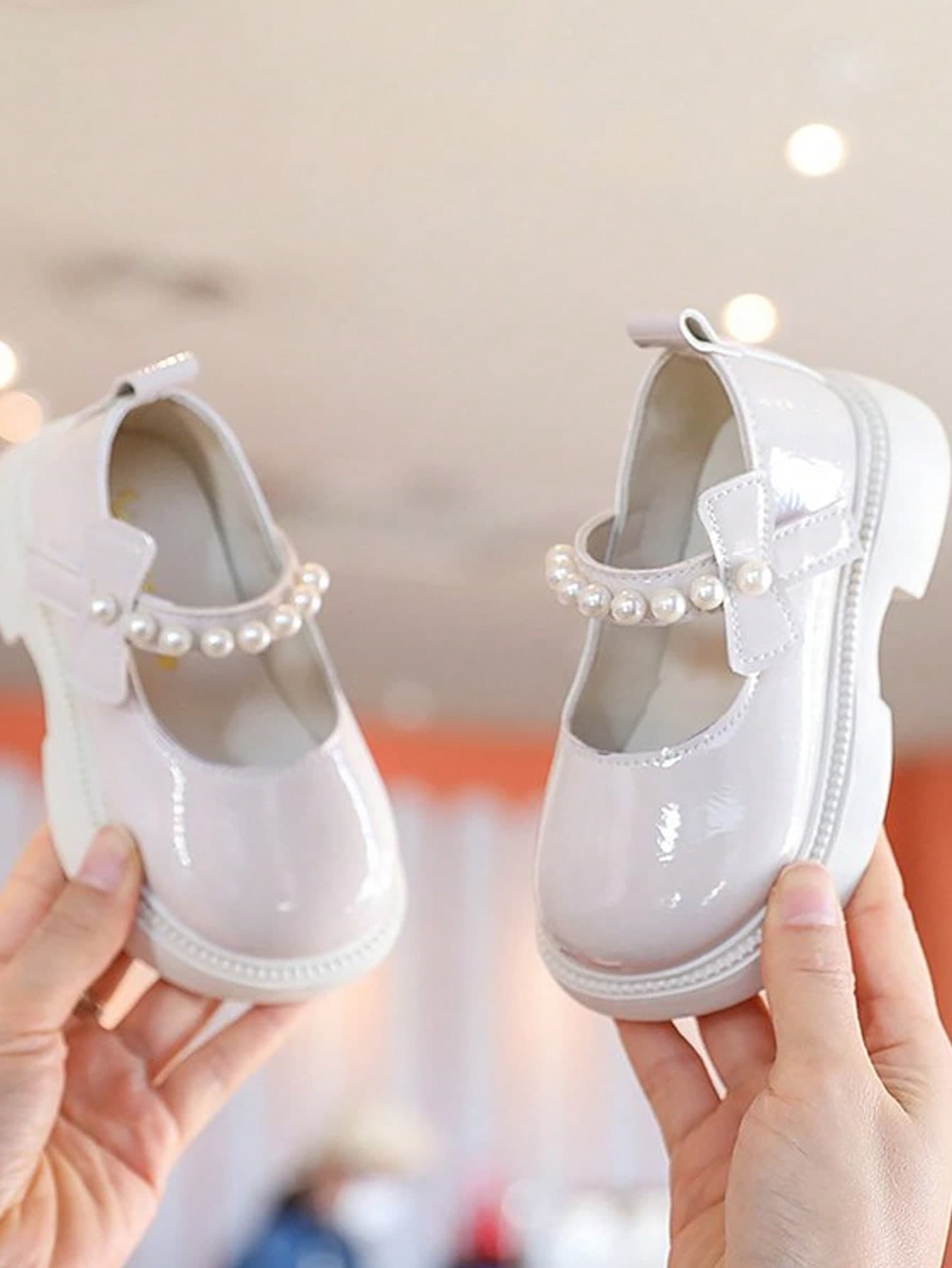 1 Pair Little Girls Patent Leather Pearl Bow Non-Slip Round Toe Thick Sole Mary Jane Shoes, Princess Shoes, Suitable For Wedding, Birthday, School, Daily Casual