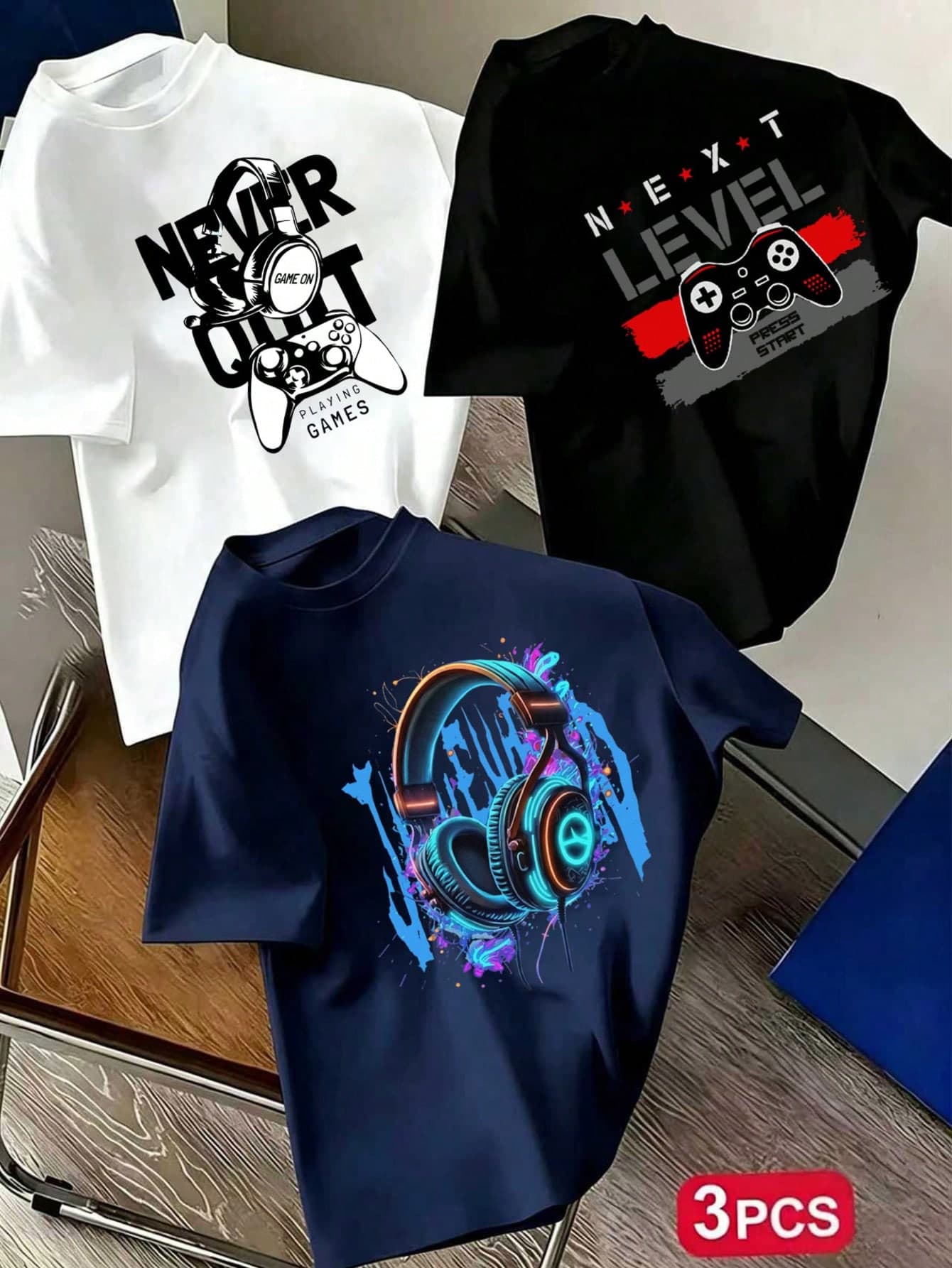 3pcs-Boys Fun Print Round Neck Short Sleeve T-Shirt, Suitable For Boys Daily Wear, Fashionable Summer Boys Top