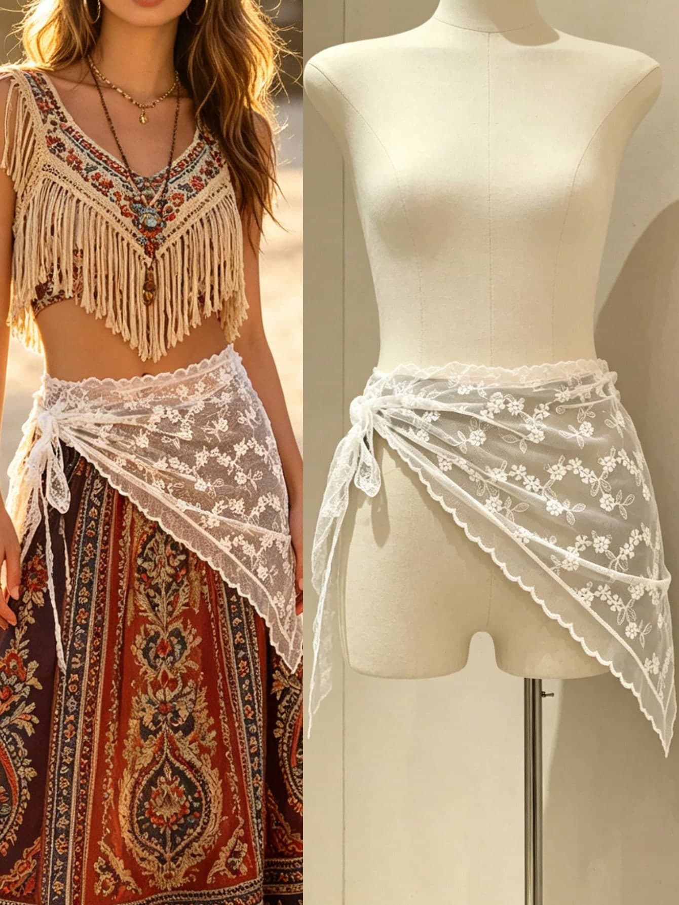 GXEA Early Spring Korean Style Lace Spliced Triangle Scarf, Decorative Fake Hem Apron, Versatile Layering Piece For Dresses, Sweaters And Tops, Elegant Breathable Fashion Accessory For Daily Casual Outfits Streetwear
