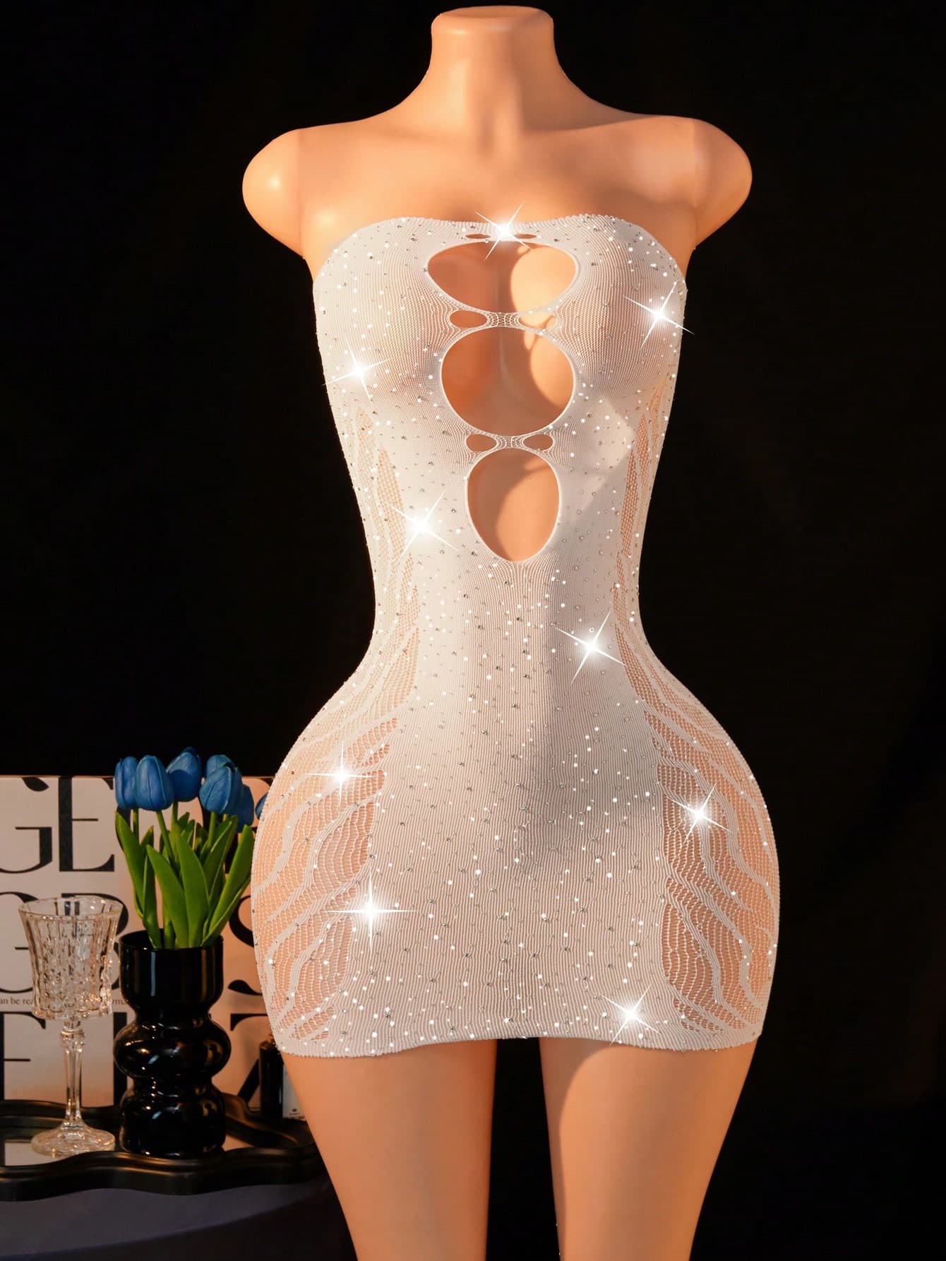 Women's Sexy Lingerie Strapless Rhinestone Lace Mesh Bodycon Mini Dress Front Cutout Open Back Babydoll Exotic Lingerie Night Club Wear