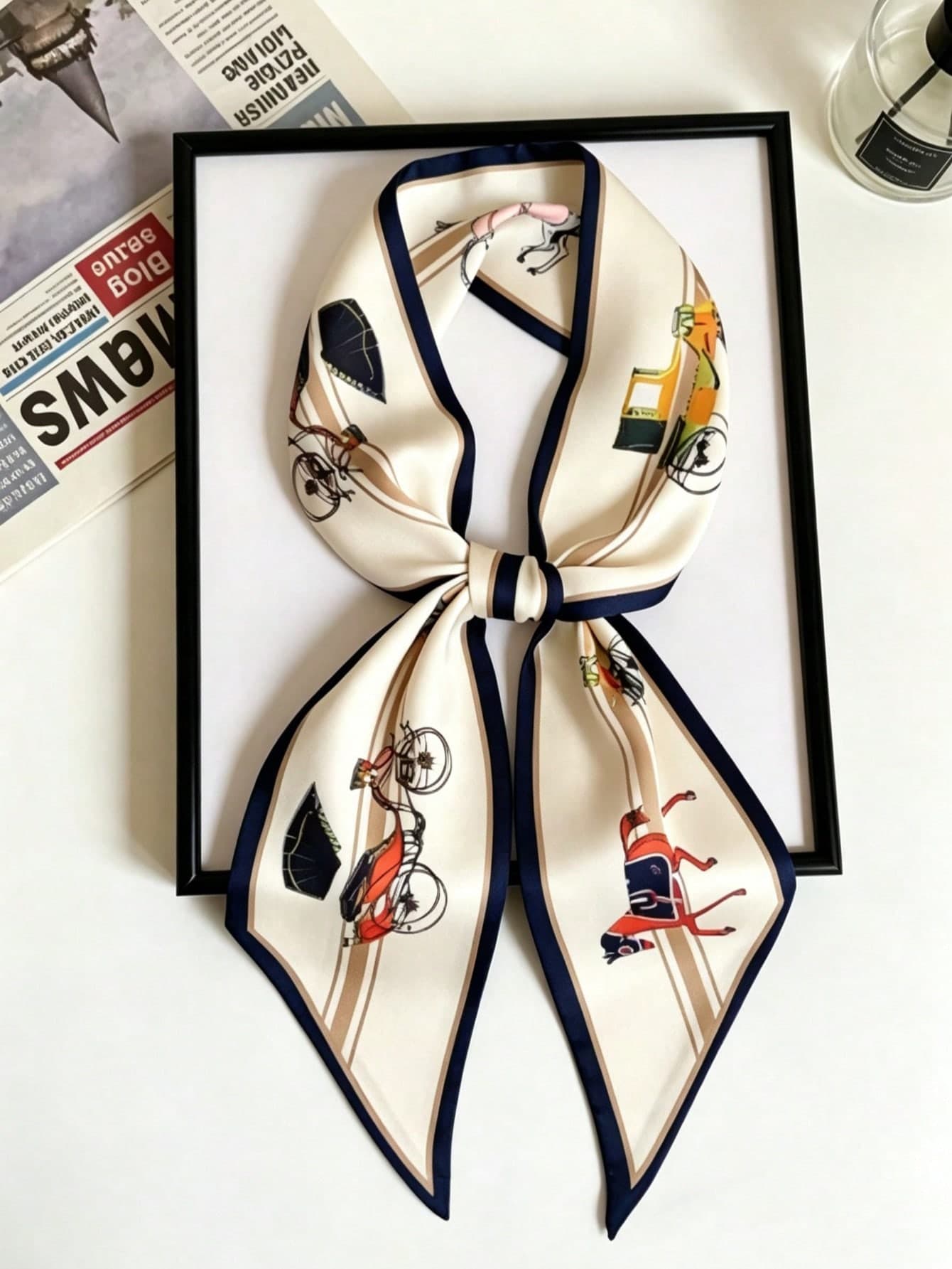 1pc Women's Fashion Carriage Print Silk Scarf, Narrow Silk Scarf, Headband, Can Enhance Overall Styling