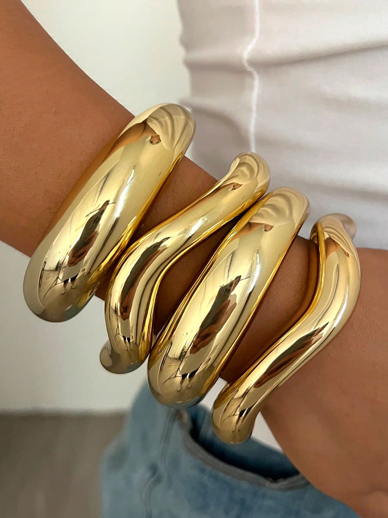4/3pcs Elegant Retro Casual Minimalist CCB Material Women Wavy Arc Open Bangle Bracelet Set, Suitable For Daily Wear, Stackable, Lightweight, Smudge-Proof, Perfect Gift For Christmas, Halloween, All Seasons