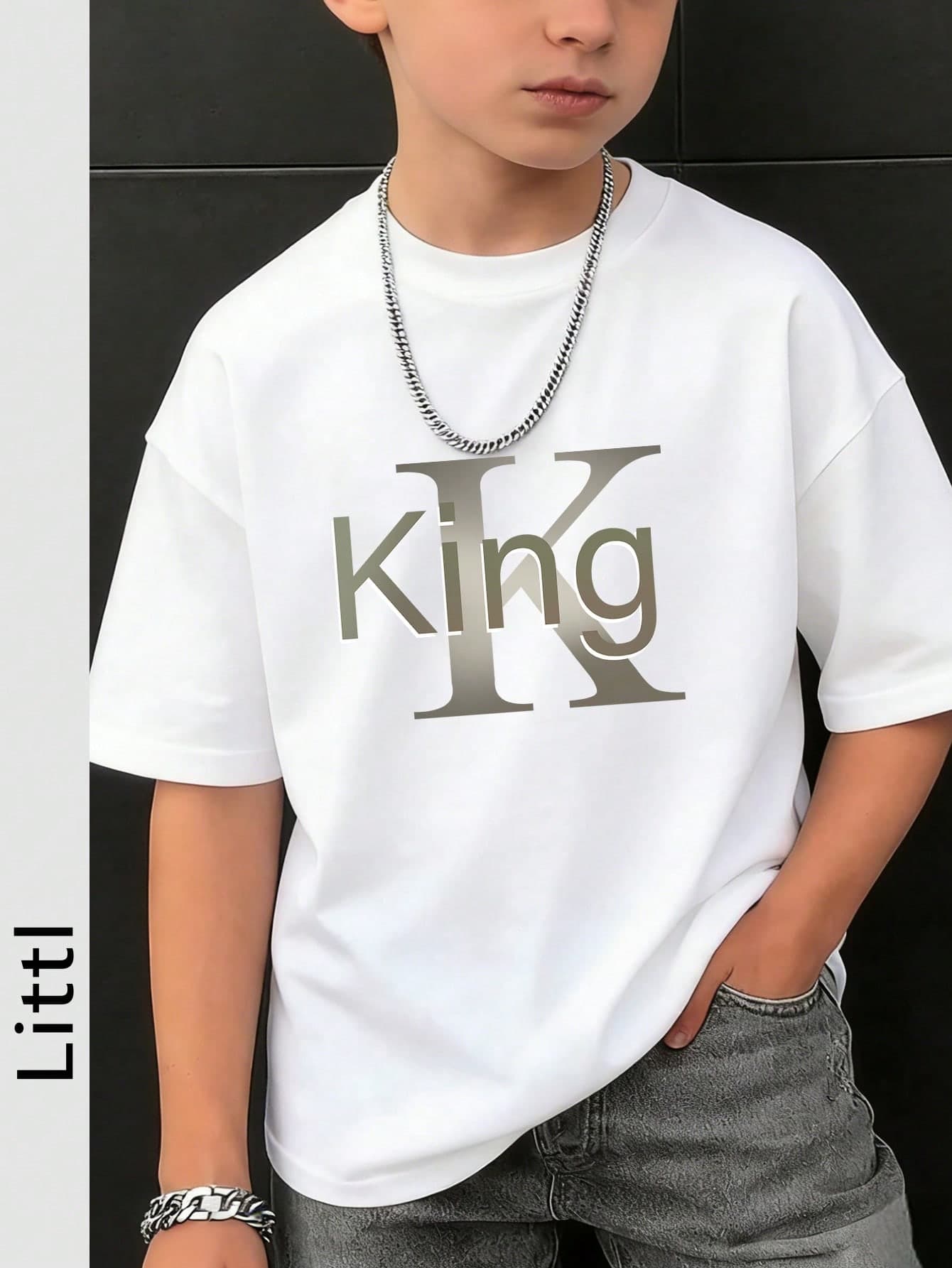 Boys' Street Style "King" Letter Print Round Neck Short Sleeve T-Shirt