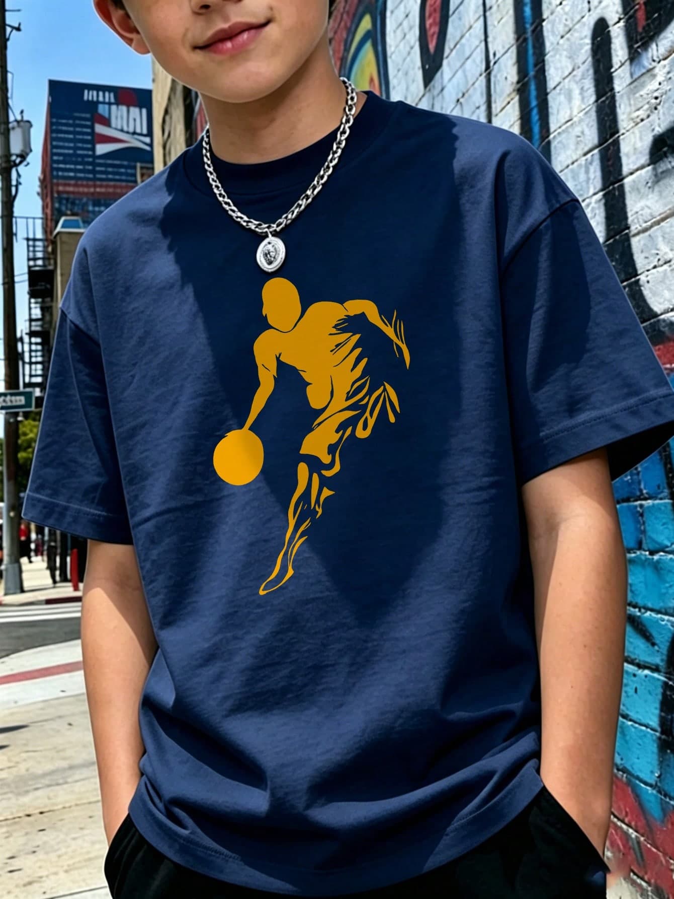 Boys' Loose Fit Basketball Player Graphic Short Sleeve Round Neck T-Shirt, Red Dribbling Design Casual Summer Streetwear Top, Suitable For Kids And Teens