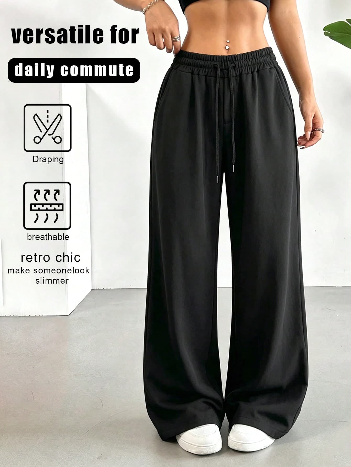 Plus Size Loose Thin Drawstring Sports Pants, Elastic Waist Pockets Bohemian Casual Fitness Pants, Spring/Summer