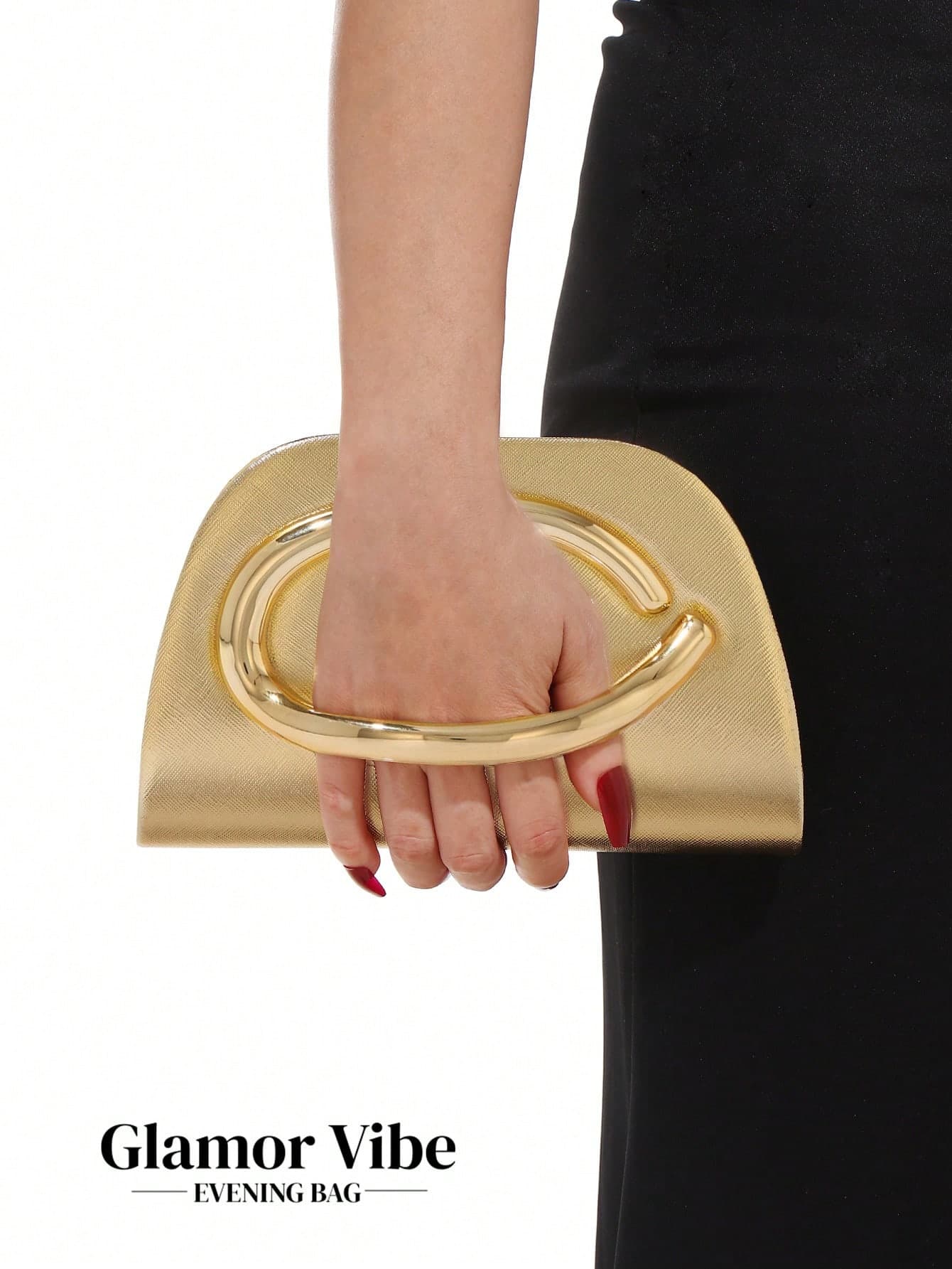 Glamor Vibe Gold Women's Evening Bag, Metal C-Shaped Handle Fashion Evening Bag, Luxury Glossy Clutch, Detachable Chain Crossbody Shoulder Bag, Suitable For Wedding, Party, Ball, Banquet, Beach Vacation