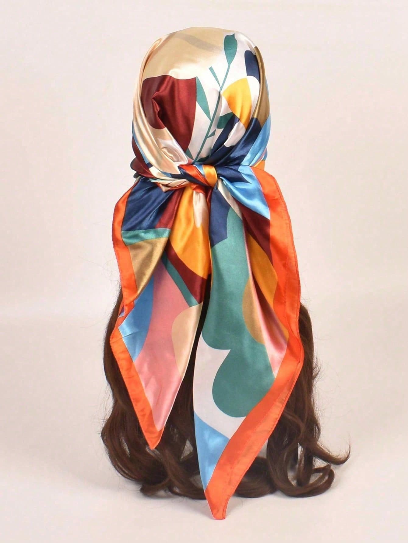 1pc 90cm Fashionable Floral Print Women's Square Scarf, Casual Sun Protection Headscarf Shawl,Holiday,Travel Essential