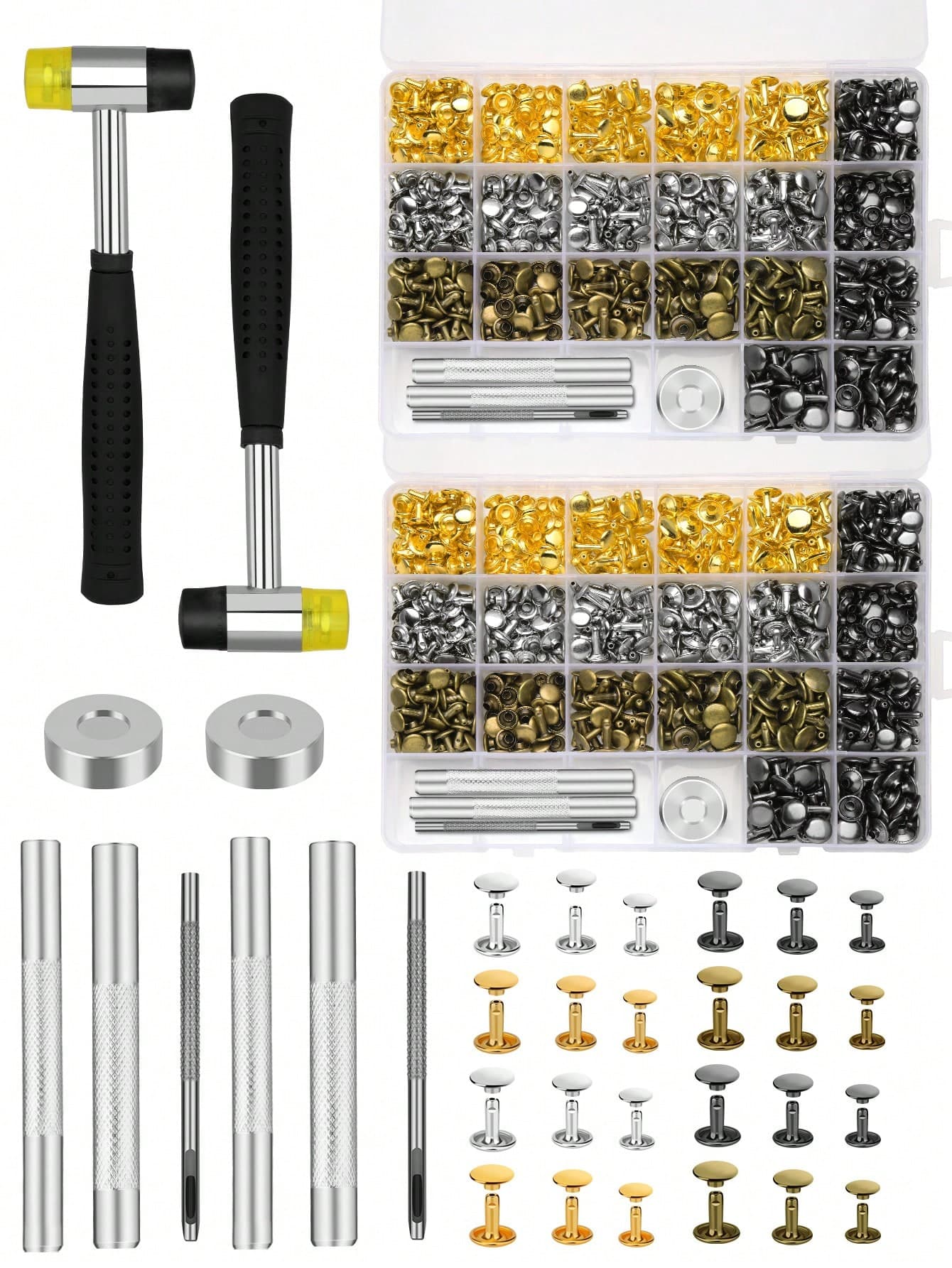 360/480 Sets Leather Rivets 4 Colors Double Cap Rivets Tubular 3 Sizes With Rubber Hammer Fixing Tool Kit 4 Pieces For DIY Leather Craft Clothes Shoes Decoration And Repair