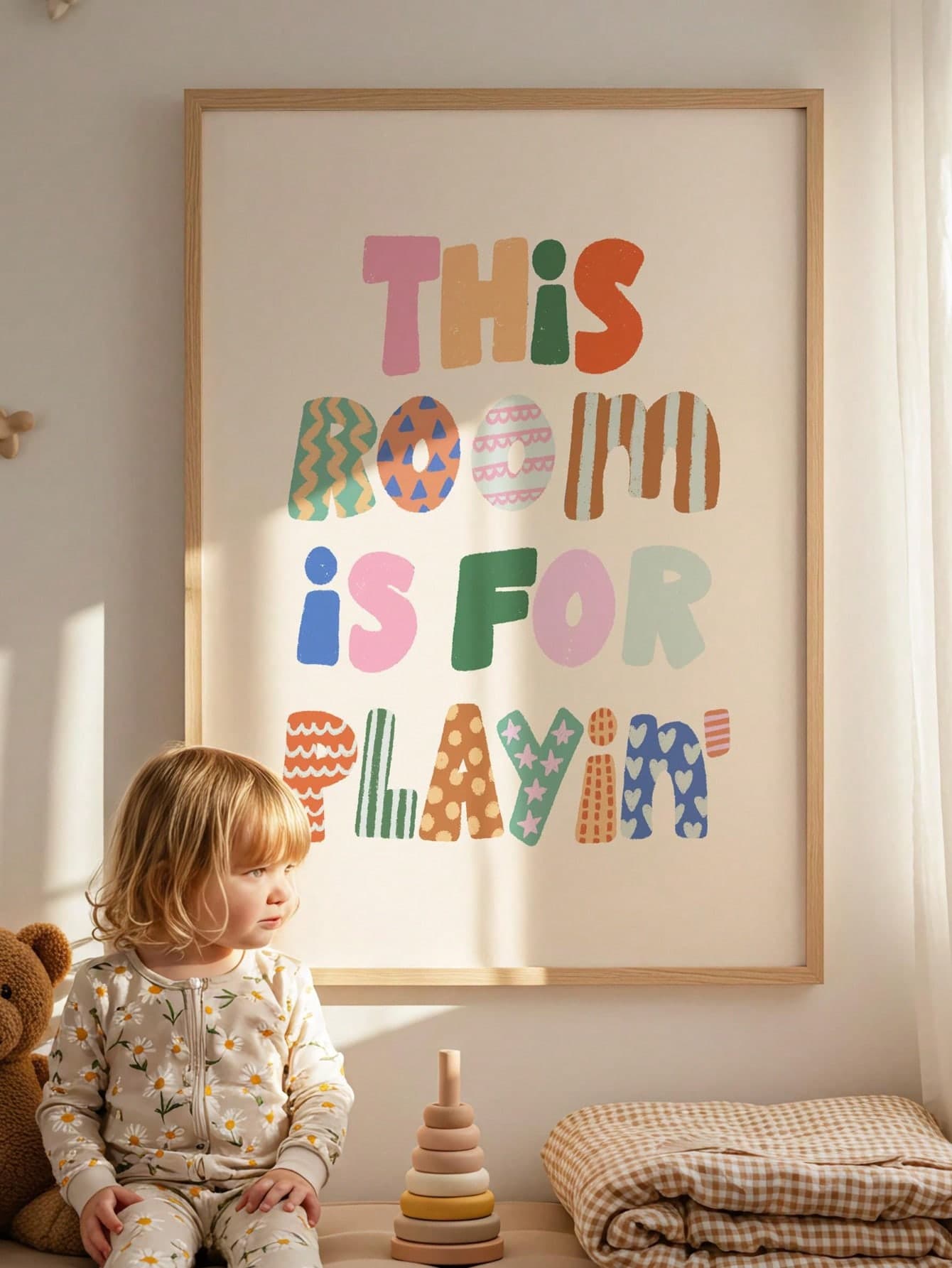 1pc Canvas Wall Art, Framed Kids Room Decor, "This Room Is For Playing" Colorful Quote Poster, Dreamy Bohemian Style Children's Wall Art, Kids Room And Nursery Decor, Cute Large Font Canvas Poster Perfect For Toddler Room, Classroom, Nursery And Neutral Kids Space - Perfect As Baby Shower Gift, Birthday Gift And Newborn Decor