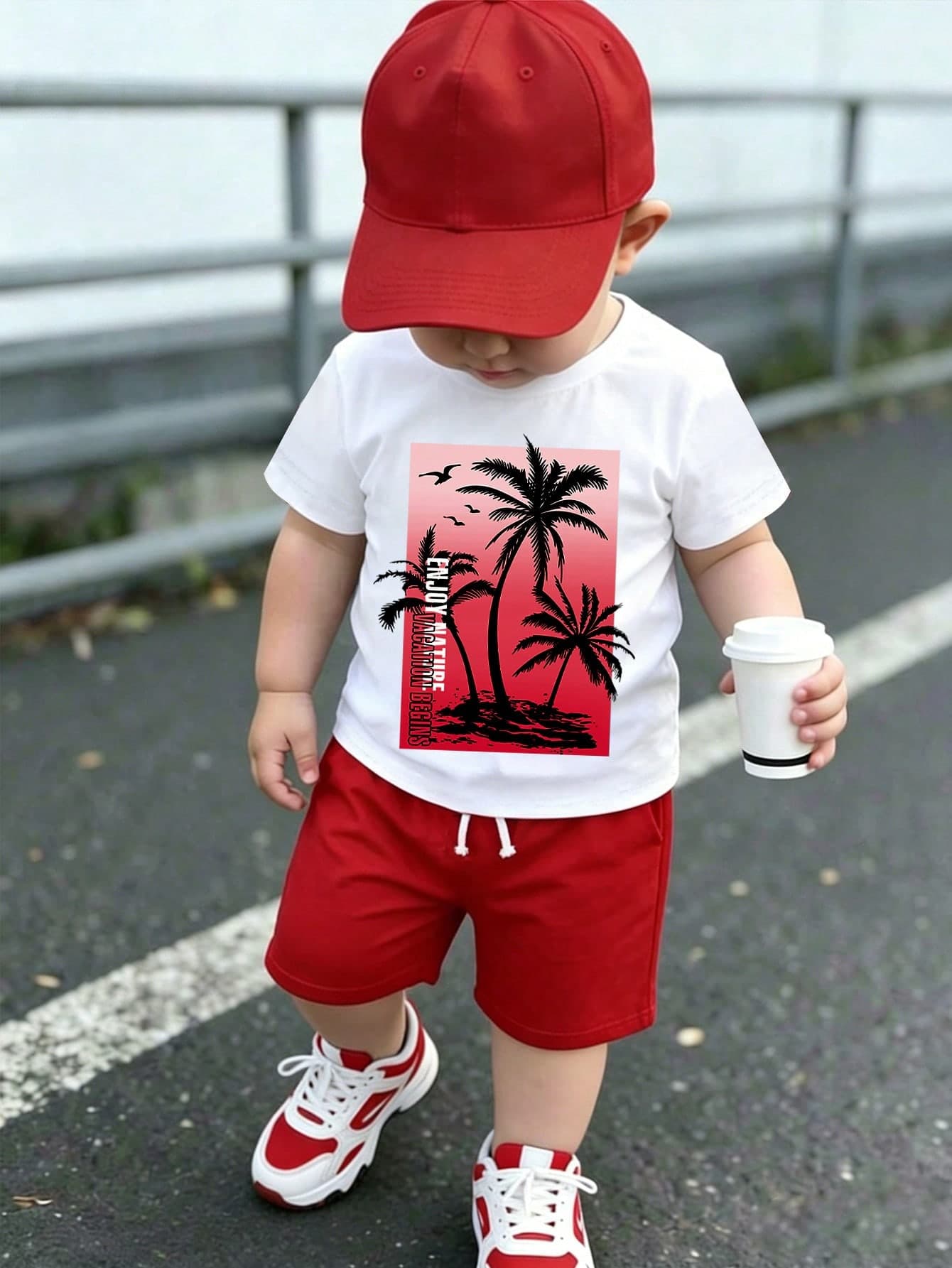 Baby Boy Summer Casual Vacation & Daily Wear Tropical Palm Tree & Letter Print Short Sleeve T-Shirt And Drawstring Waist Shorts Set