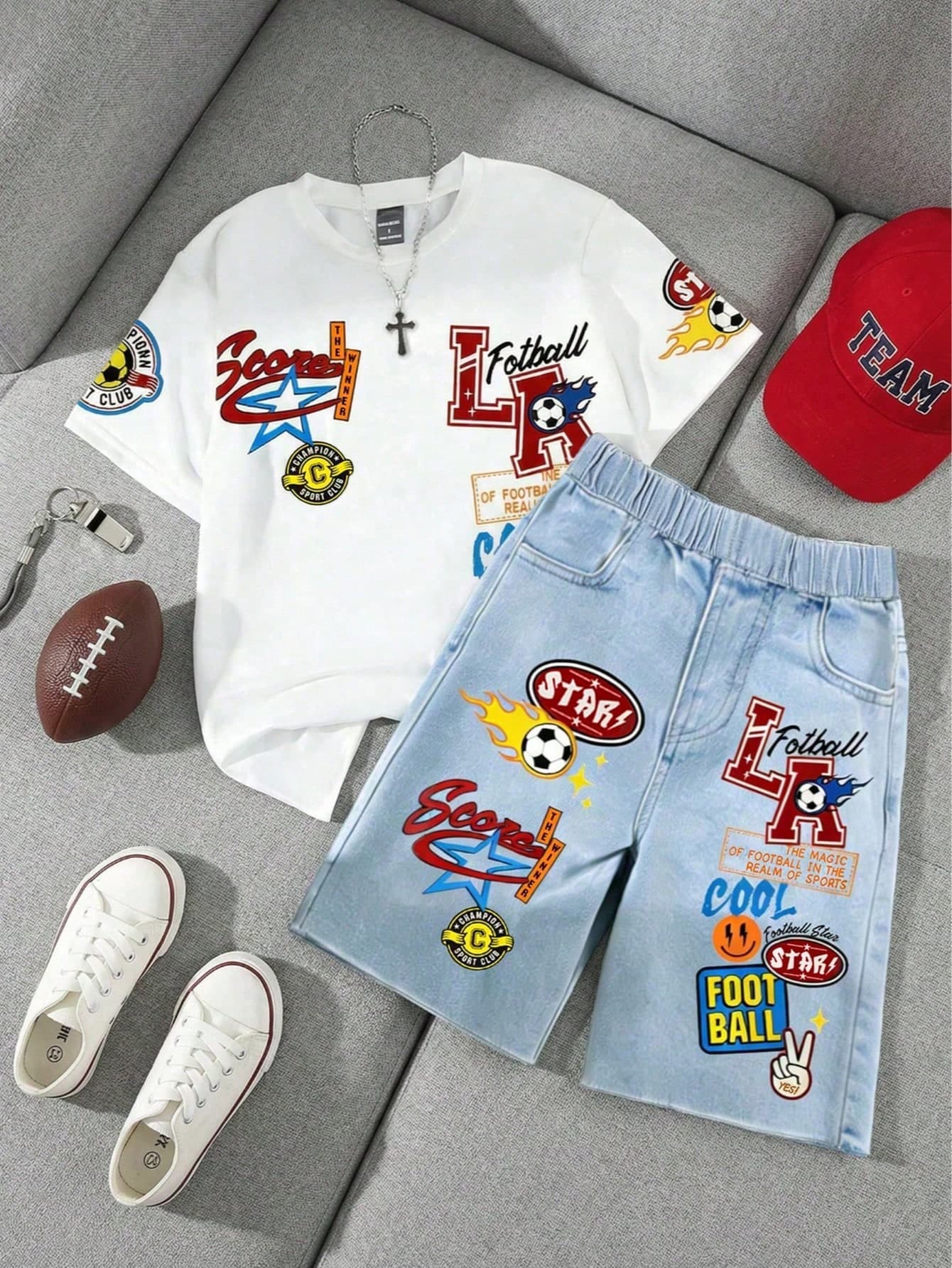 2pcs/Set Boys Casual Sports American Style Letter LA & Football Print Soft Comfortable Short Sleeve T-Shirt + Matching Print Denim Shorts Set, Spring/Summer