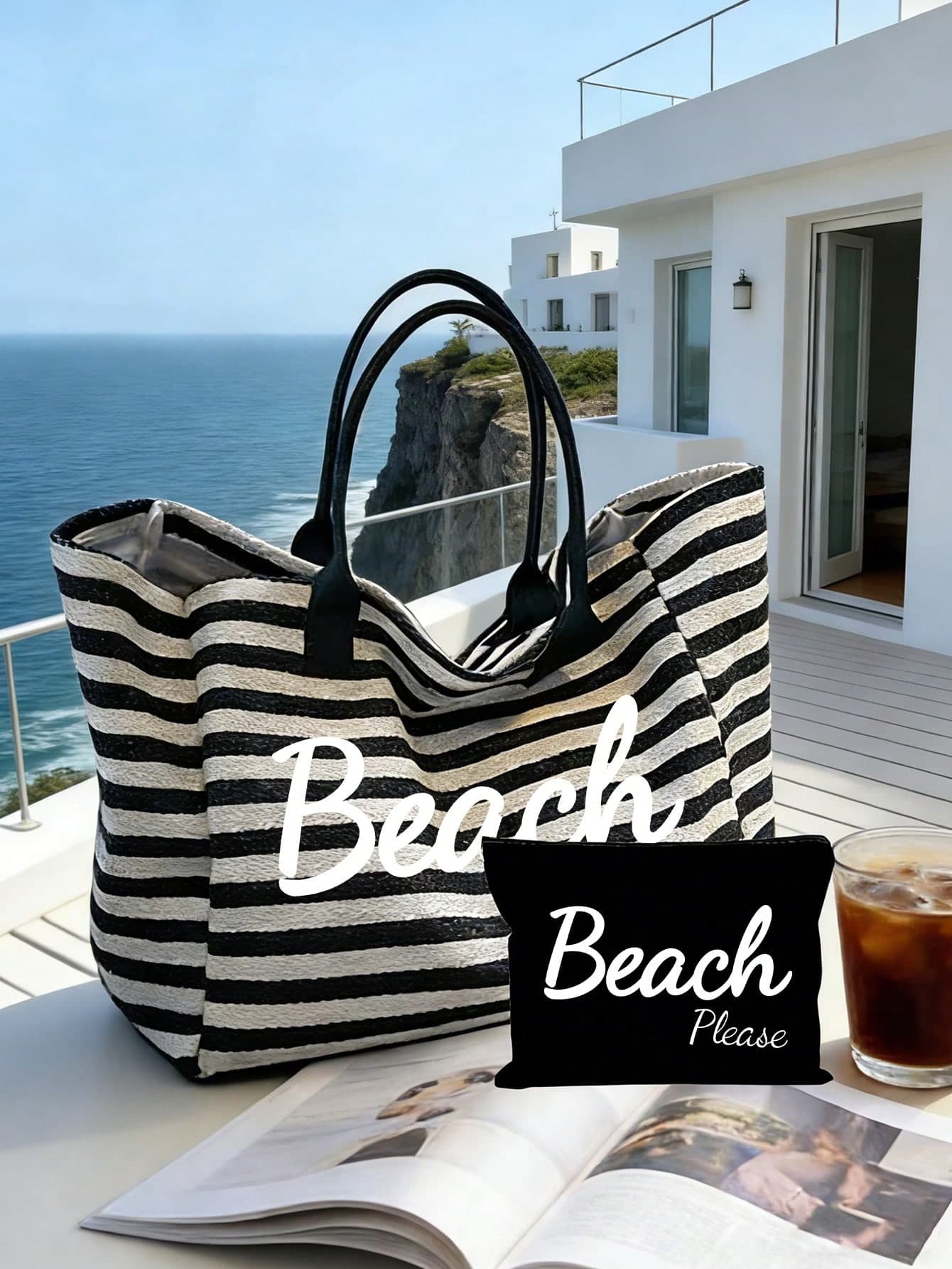 Black And White Striped Straw Woven Beach Tote Bag, Large Capacity Seaside Vacation Handbag, Waterproof And Dirt-Resistant Travel Shoulder Bag, Versatile Summer Straw Bag, Can Store Swimwear, Towels, Cosmetics, Comes With Matching Storage Bag