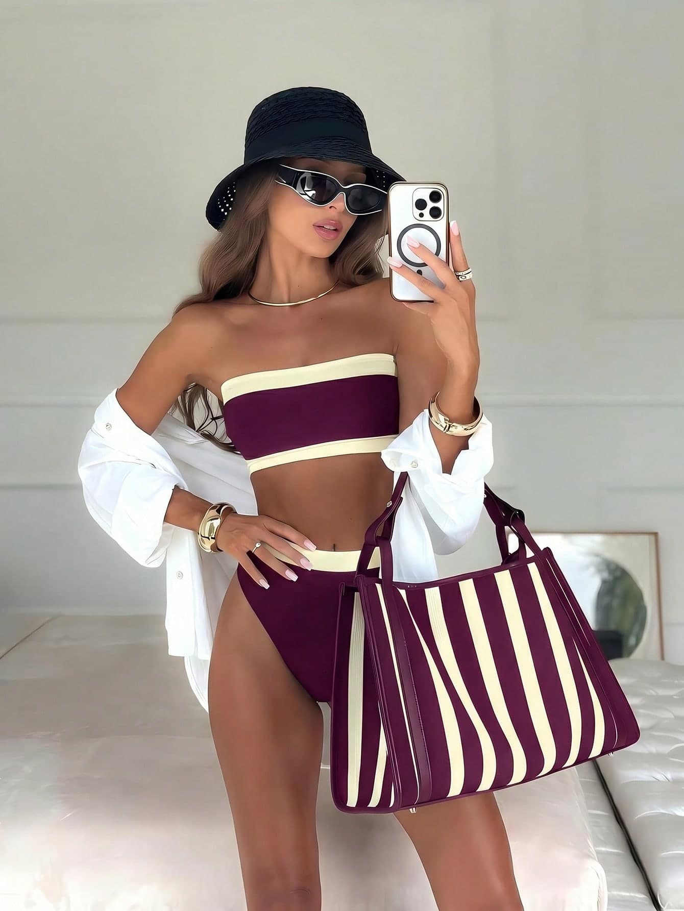 New Fashionable Sexy Solid Color Detachable Strap Bandeau Bikini Swimwear For Women, Suitable For Beach, Pool Party, Vacation Summer