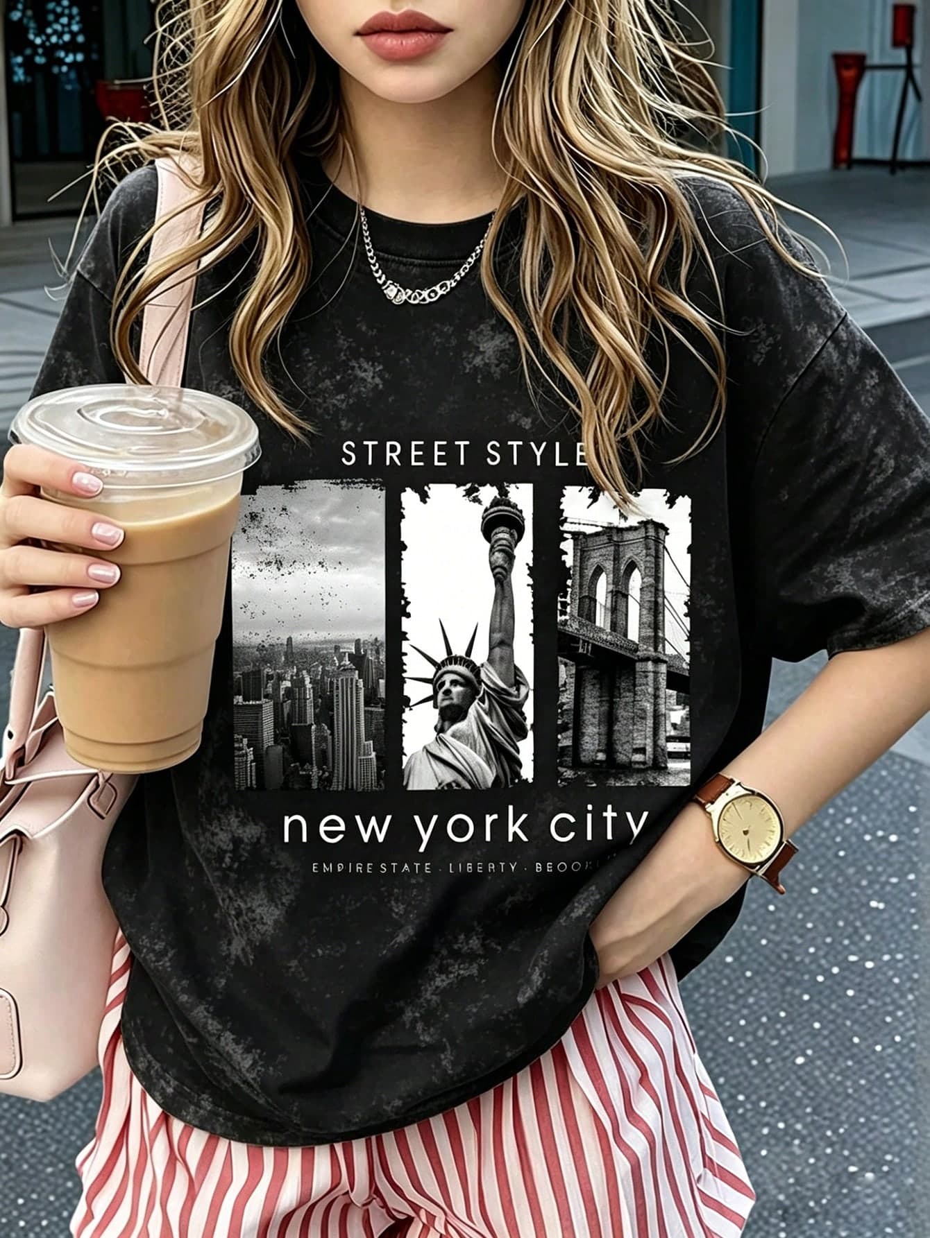 NYC Landmark Print Vintage Washed Oversized T-Shirt, Retro Urban Streetwear Casual Short Sleeve Tee For Daily Outfits Black Summer