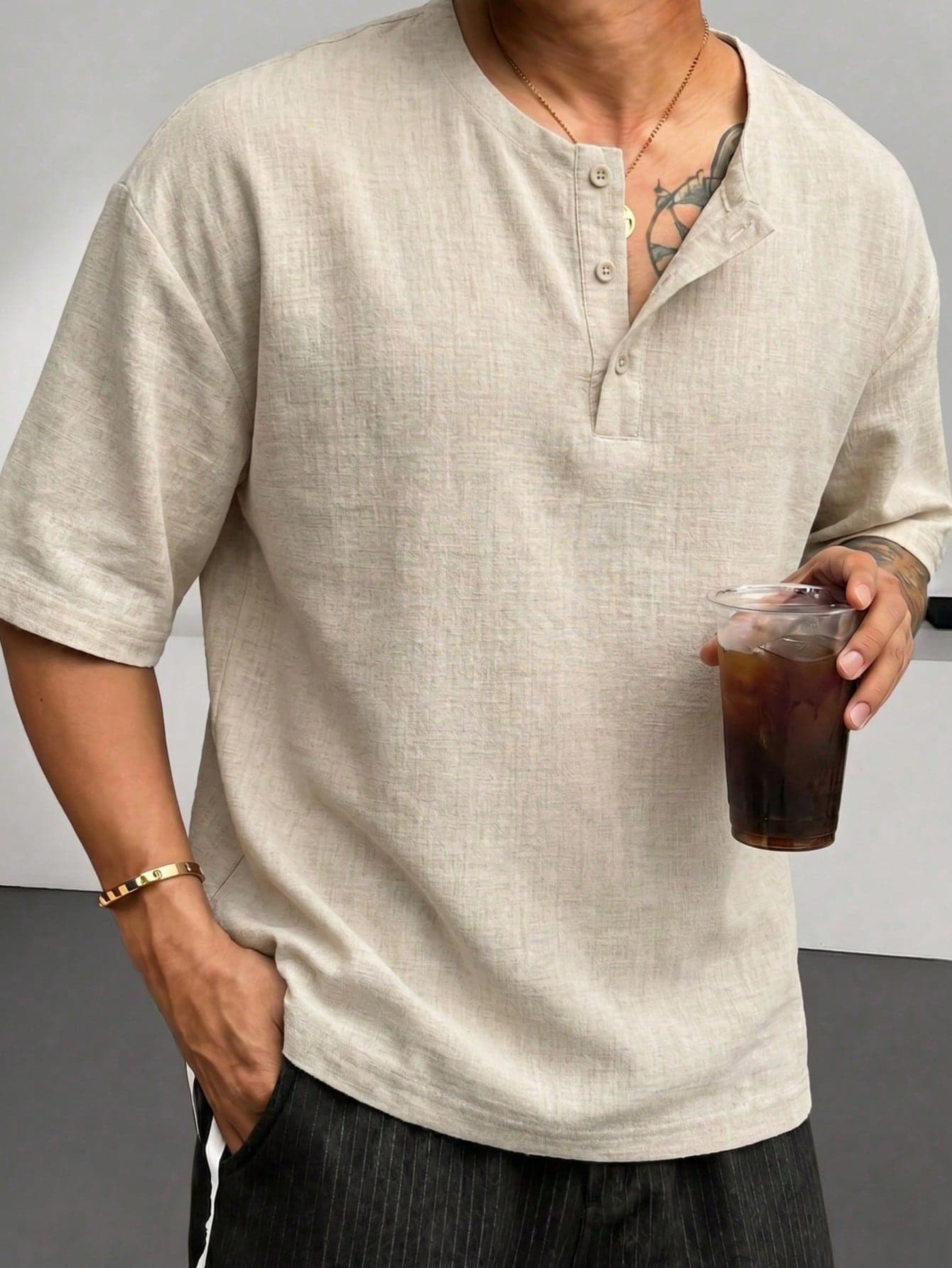 Blueprint Man 1pc Men's POLO Shirt, Khaki Textured Henley Collar Short Sleeve T-Shirt, Faux Linen Fabric Texture, Breathable Lightweight Comfortable Anti-Pilling Easy Care, Minimalist Casual Old Money Style Top, Spring Summer Commute Home Vacation