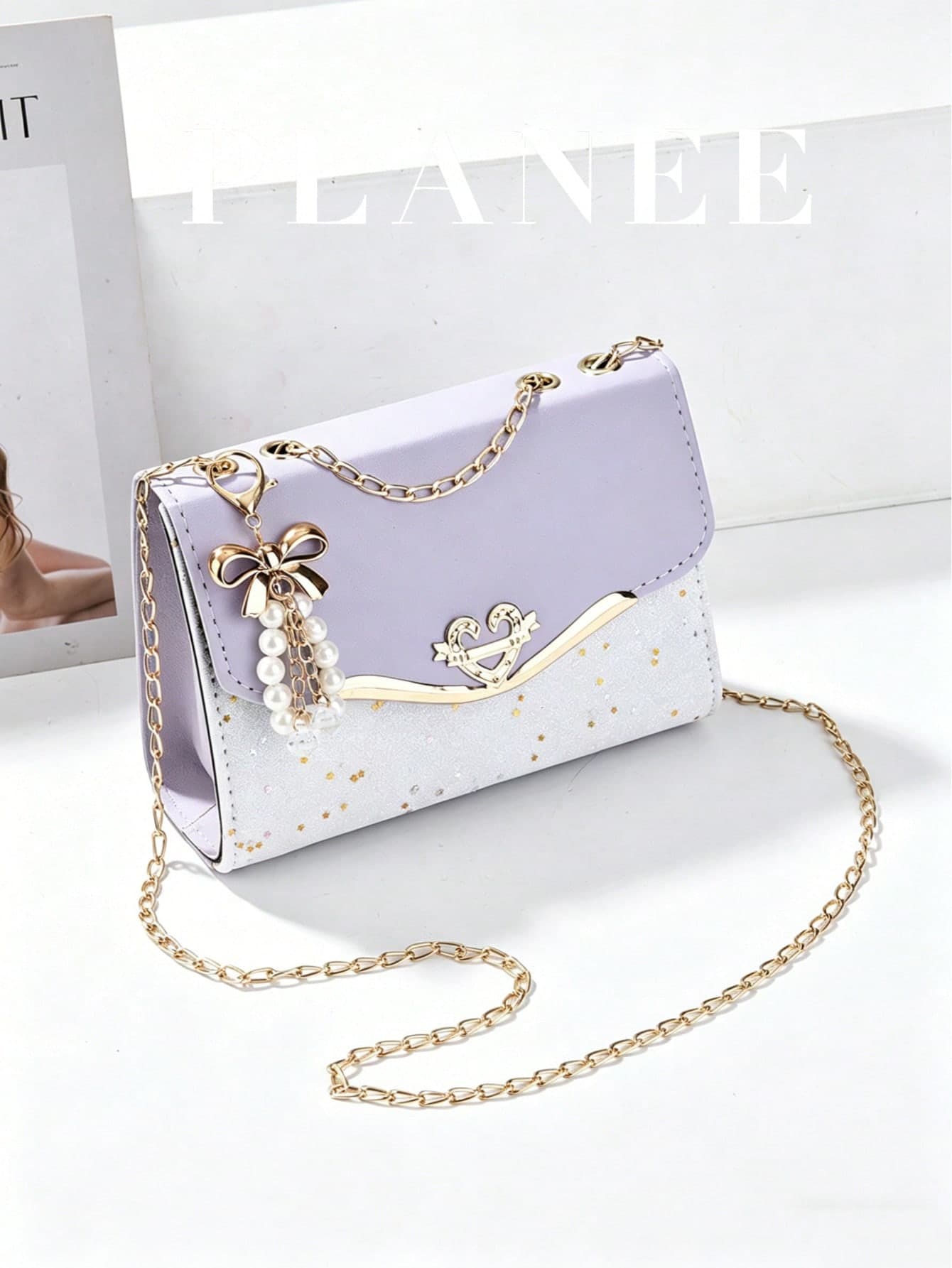 PLANEE Bow & Faux Pearl Decor Square Flap Chain Crossbody Bag, Glossy PU Leather Mini Fashionable Flap Bag, Adjustable Strap For Women, Best Personalized Gift For Female, Mother, Girlfriend, Ideal Mother's Day Present, Fashionable Bow Ladies Wallet