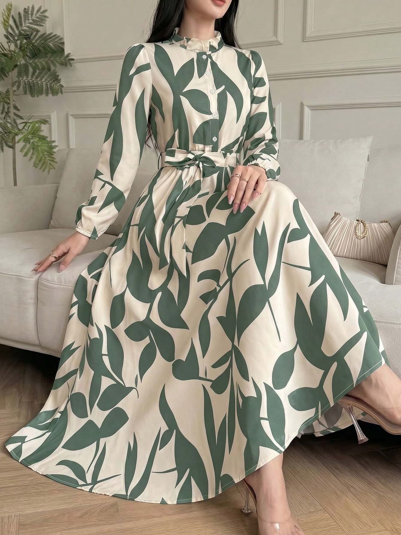 Elegant Green Floral Print Ruffle Hem Long Sleeve Dress - Women's Spring/Summer Button Waist A-Line Shirt Dress Suitable For Office And Vacation, Effortlessly Chic