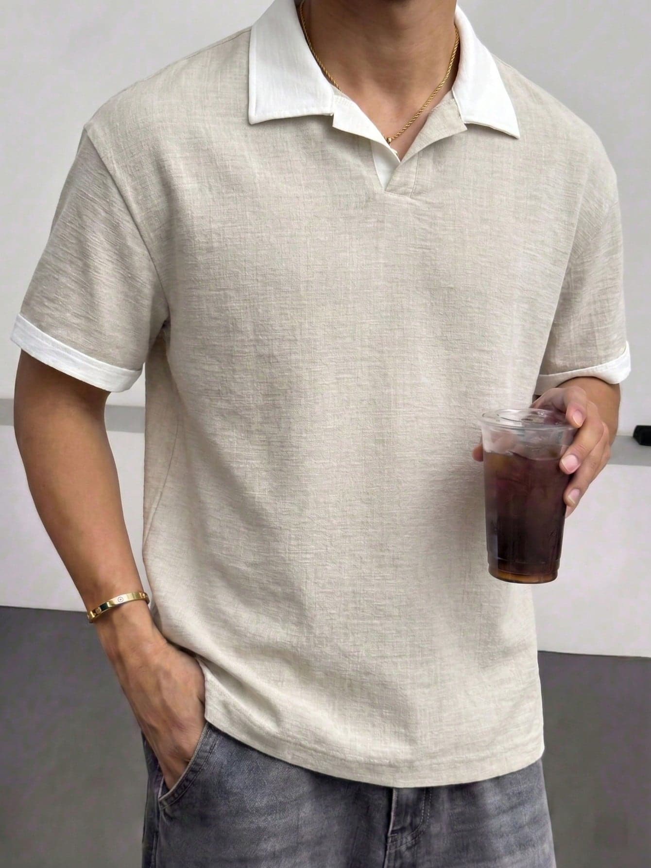 Blueprint Man 1pc Men's Polo Shirt, Apricot Color Contrast Collar Buttonless Polo, Textured Draping Faux Linen Fabric, Comfortable Anti-Pilling Breathable, Mature Casual Business Commute Style, Daily Commute Business Casual Summer Vacation Travel Old Money Style