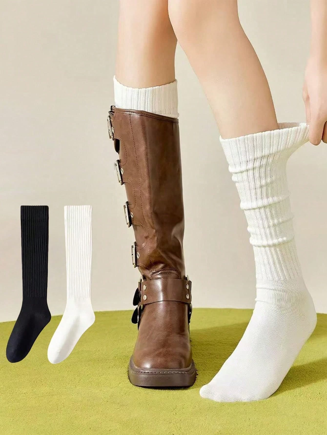 Women's Autumn/Winter Cute Girl Style Thigh High Socks, Solid Color Basic Black & White, Suitable For Knee-High Boots/Shoes, Create A Slouchy Vibe Essential Outerwear Item, Cozy Socks