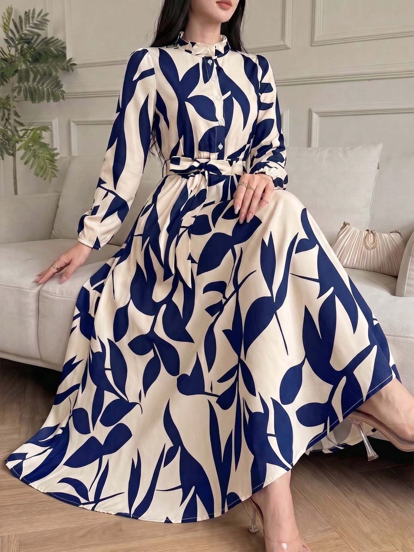 Elegant Blue Leaf Print Long Sleeve Shirt Dress - Women's Spring/Summer Button Front A-Line Waist Tie Dress, Suitable For Office, Work And Vacation