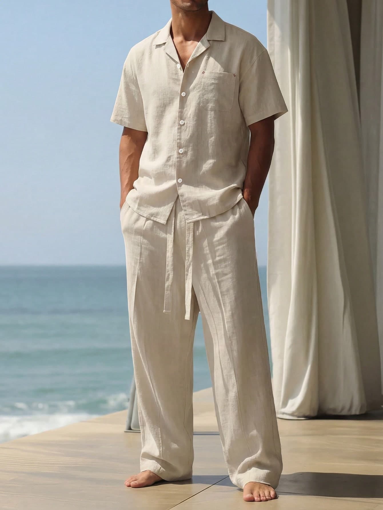 2pcs Apricot Faux Linen Men's Vacation Set, Men's Shirt And Long Pants Set, Loose Draping Breathable Long Pants 2 Pieces Set, Vacation Style, Machine Washable, Suitable For Beach Vacation Wear. Style Runs Large. Please Size Down For A Better Fit