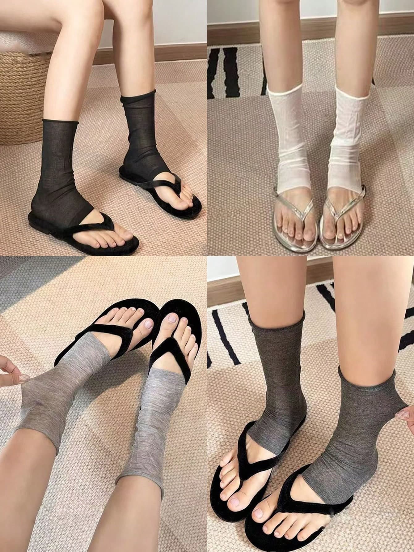 4 Pairs Grey Ballet Style Ankle Socks, Versatile Knee High Socks For Women, Spring/Summer