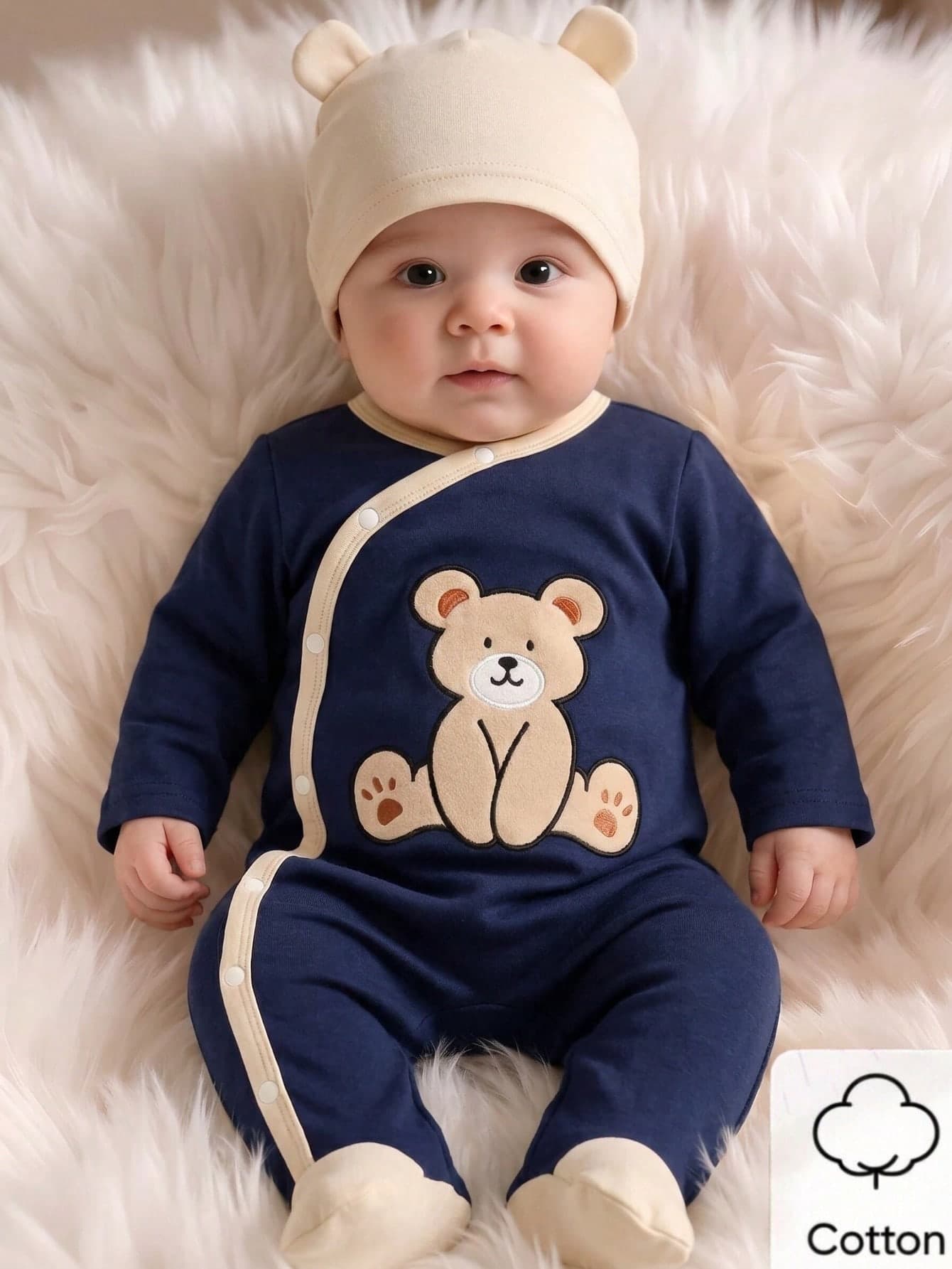 3pcs/Set, Baby Boy, Soft And Comfortable, Casual Fashionable Cute, Cartoon Bear Pattern Flocked Embroidery Asymmetric Button Colorblock Romper, 3D Hat And Bib, Baby Boy Clothing, Newborn Baby Boy Clothing, Newborn Essentials, Baby Supplies, Newborn Clothing, Baby Clothing, Suitable For Daily Wear, Vacation, Party, Photography, Outdoor Activities