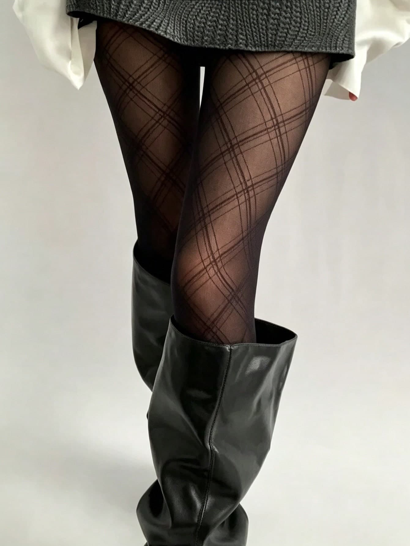 Women's Diamond Plaid Sheer Stockings, Thin Black Pantyhose For Spring/Summer