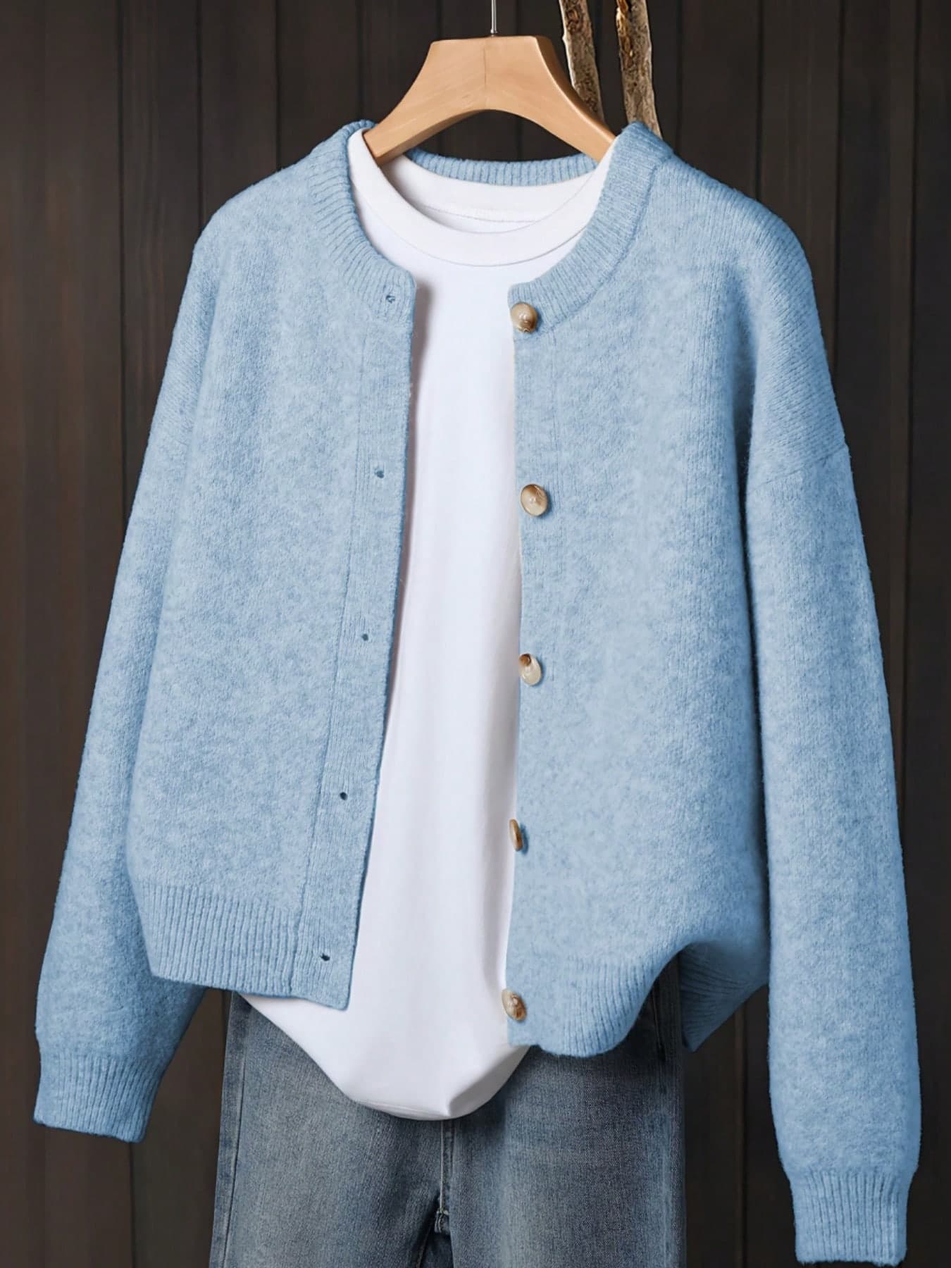 Plus Size Women's Beige Cardigan, Soft Long Sleeve Sweater Jacket With Front Button Design, Suitable For Casual And Formal Wear In Autumn/Winter, Comfortable Thick Outerwear, Fiber Material, Relaxed Fit, Stretchy Fabric, Women's Daily Wear