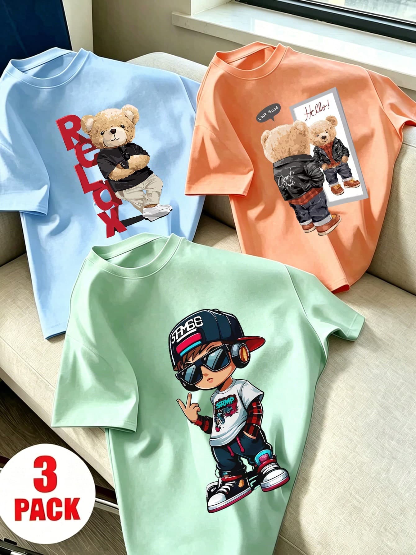 3pcs Tween Boy Casual Sports Print Short Sleeve T-Shirt Set, Summer Tops For Young Students