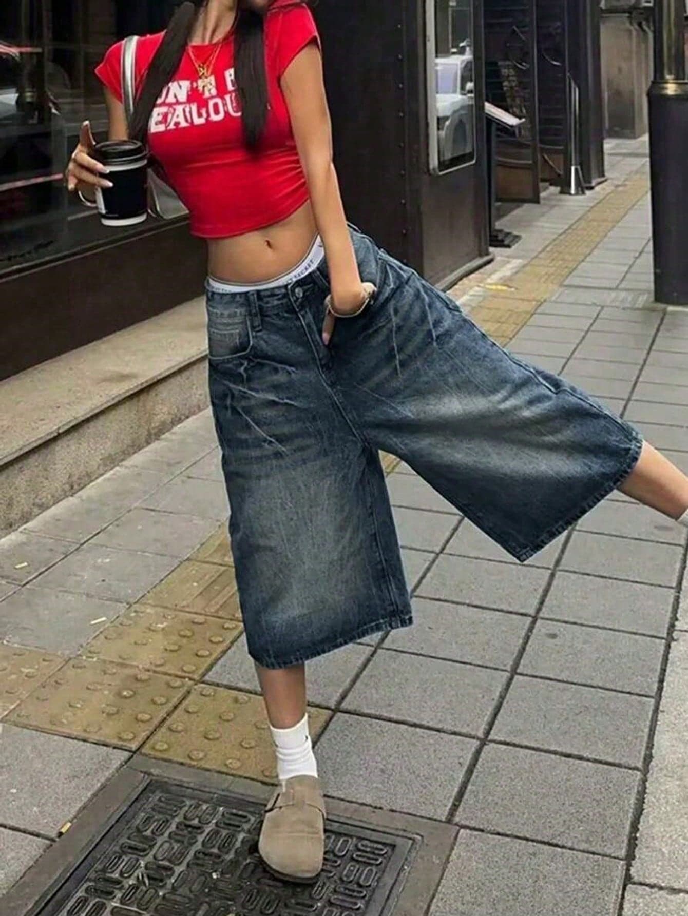 Teen GirlTrendy Distressed Black Oversized Wide Leg Denim Capri Pants, Street Style