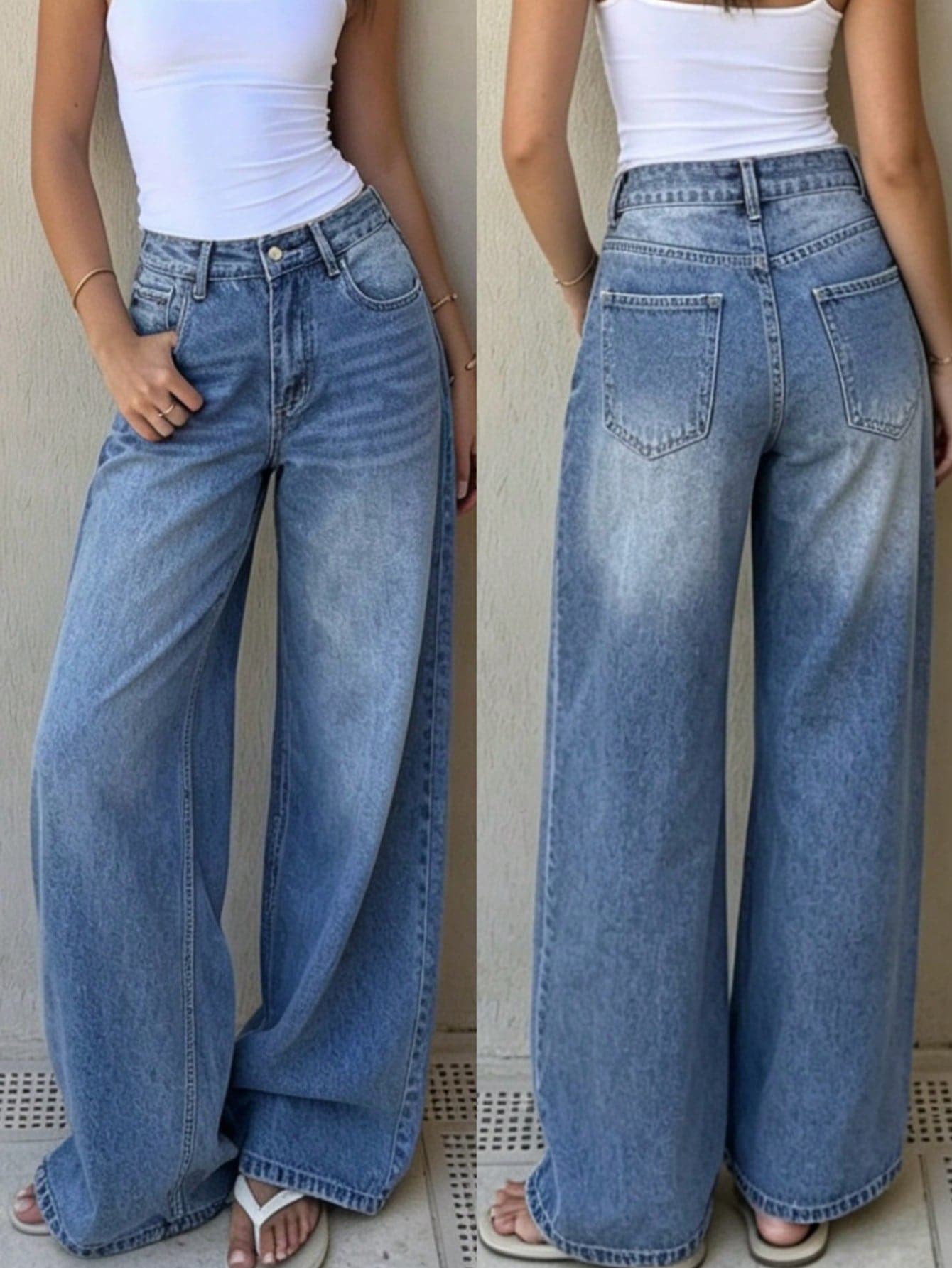 Summer Women's Casual Wide Leg Jeans, Elegant Fashion Long Denim Pants, With Pockets, Suitable For Business, Holiday, Vacation