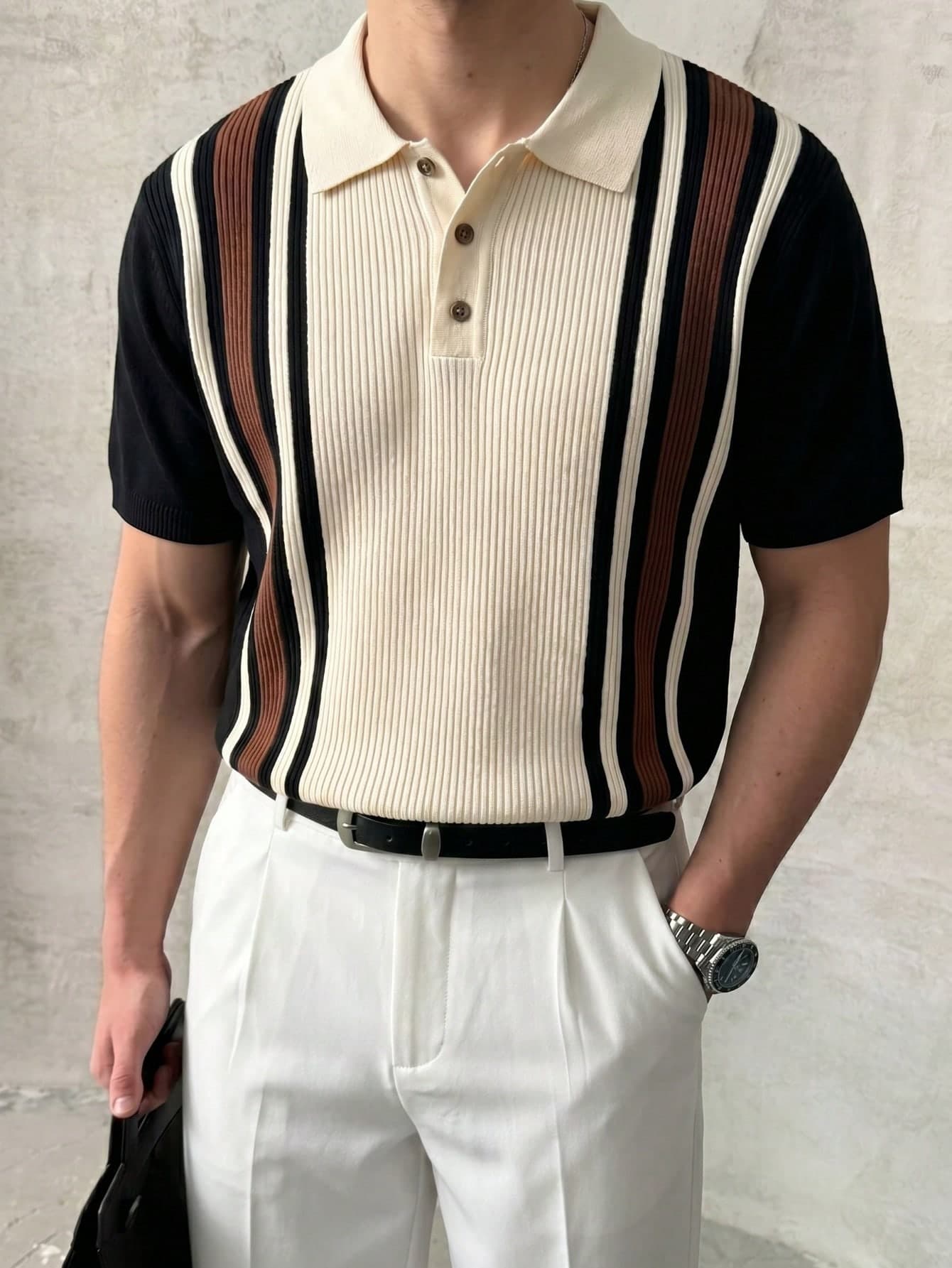 Men's Striped Short Sleeve Casual Knit Polo Shirt