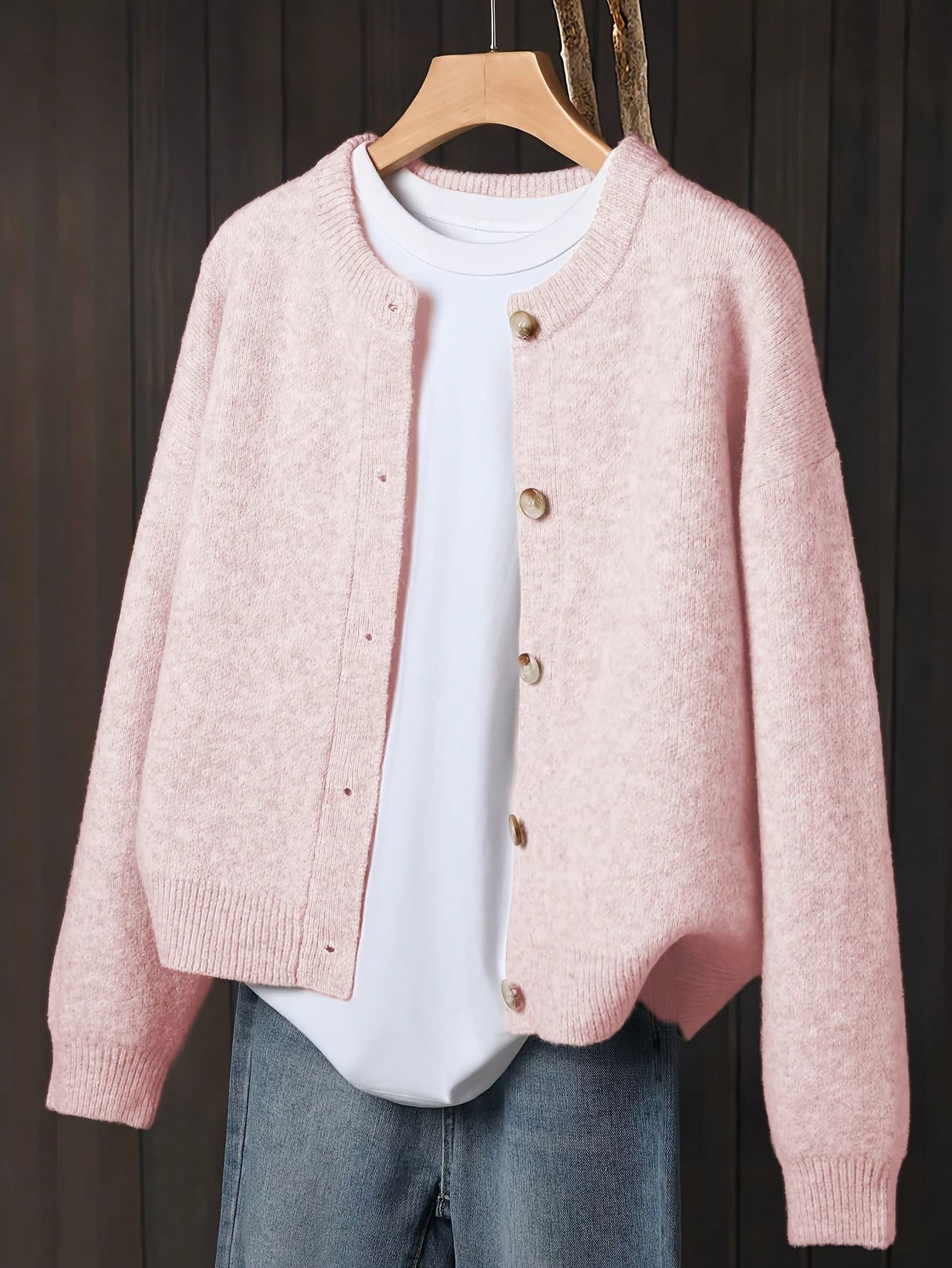 Plus Size Women's Beige Cardigan, Soft Long Sleeve Sweater Jacket With Front Button Design, Suitable For Casual And Formal Wear In Autumn/Winter, Comfortable Thick Outerwear, Fiber Material, Relaxed Fit, Stretchy Fabric, Women's Daily Wear Pink