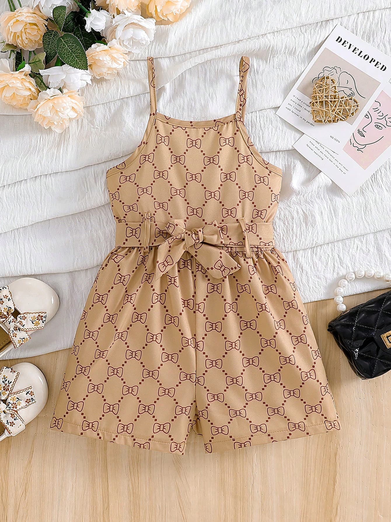 Girls' Bow Tie Plaid Sleeveless Jumpsuit + Belt, Summer