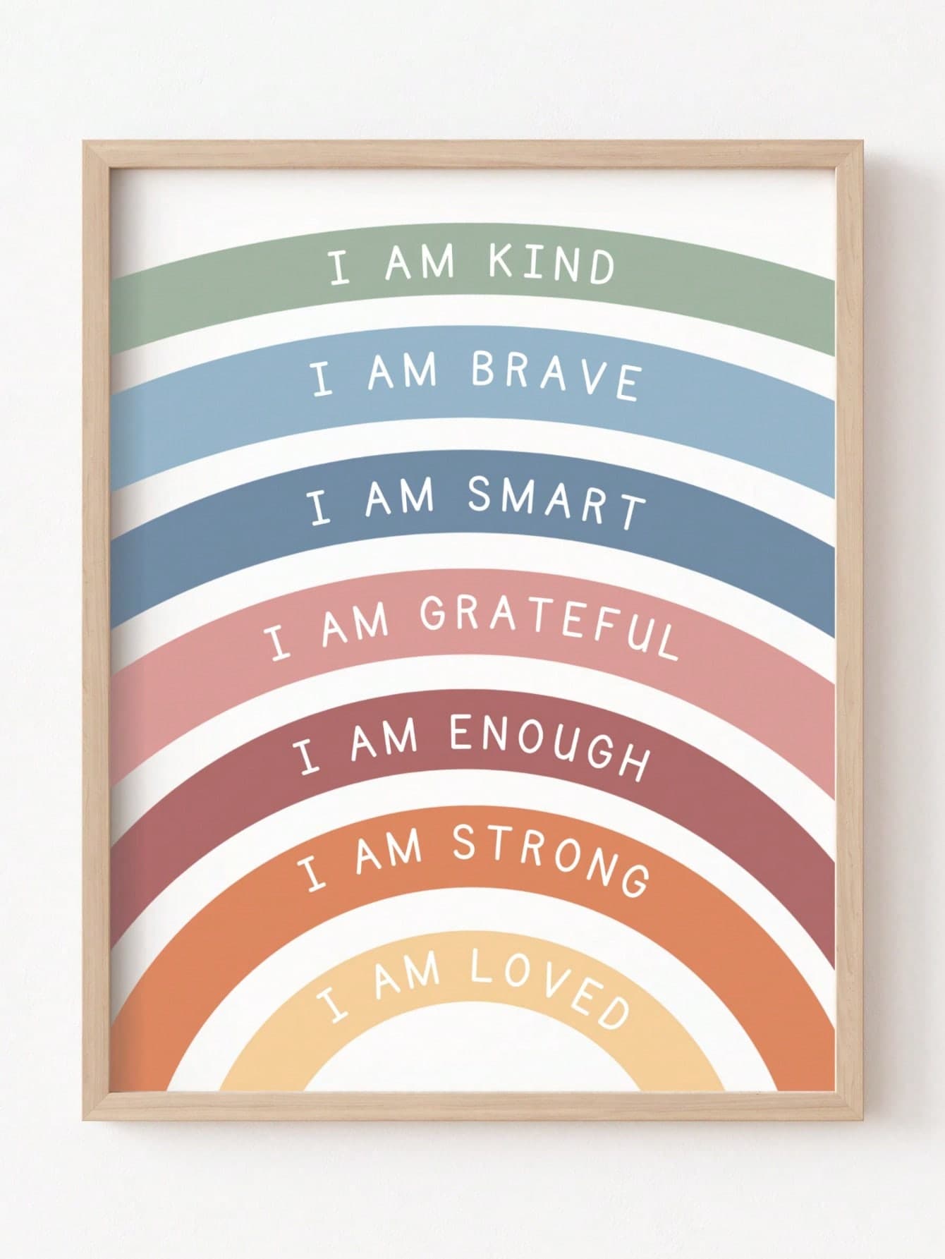 1pc Canvas Wall Art, Framed Children's Room Decor, Bohemian Style Rainbow Kids Inspirational Poster, With "I Am Kind, Brave, Smart, Content, Strong And Loved." This Poster Features A Minimalist Modern Design, Providing A Positive And Confident Inspirational Quote For Nursery, Classroom Or Playroom, Very Suitable.