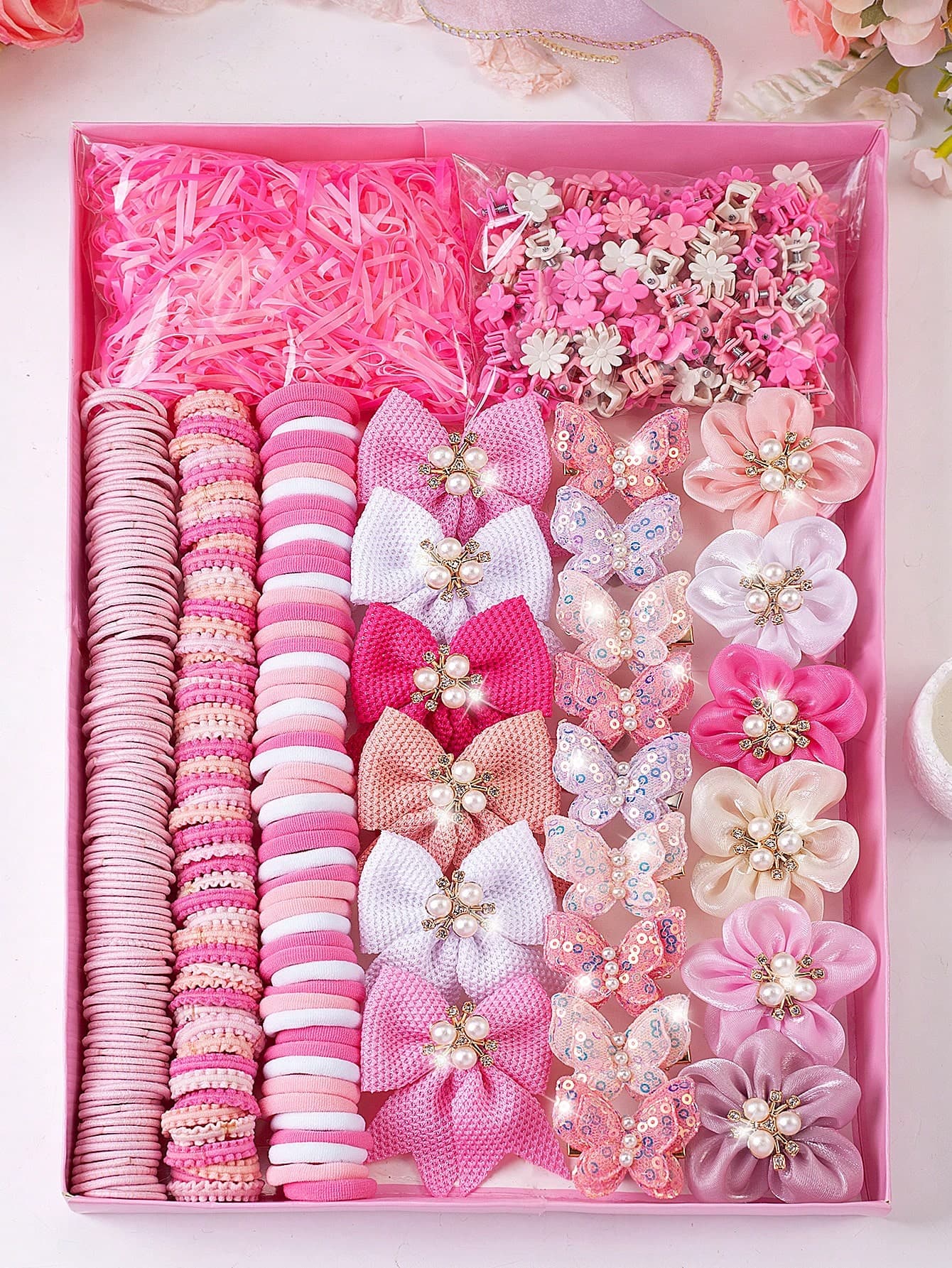487pcs Pink Ombre Sweet & Gentle Girl Hair Accessories Set, Includes: High Elastic Non-Damaging Hair Ties, Pearl Bow Hair Clips, Pearl Glitter Butterfly Hair Clips, Chiffon Flower Hair Clips, Mini Claw Clips, Various Delicate Hair Decorations, Suitable For Girls' Daily, Performance, And Outing Use