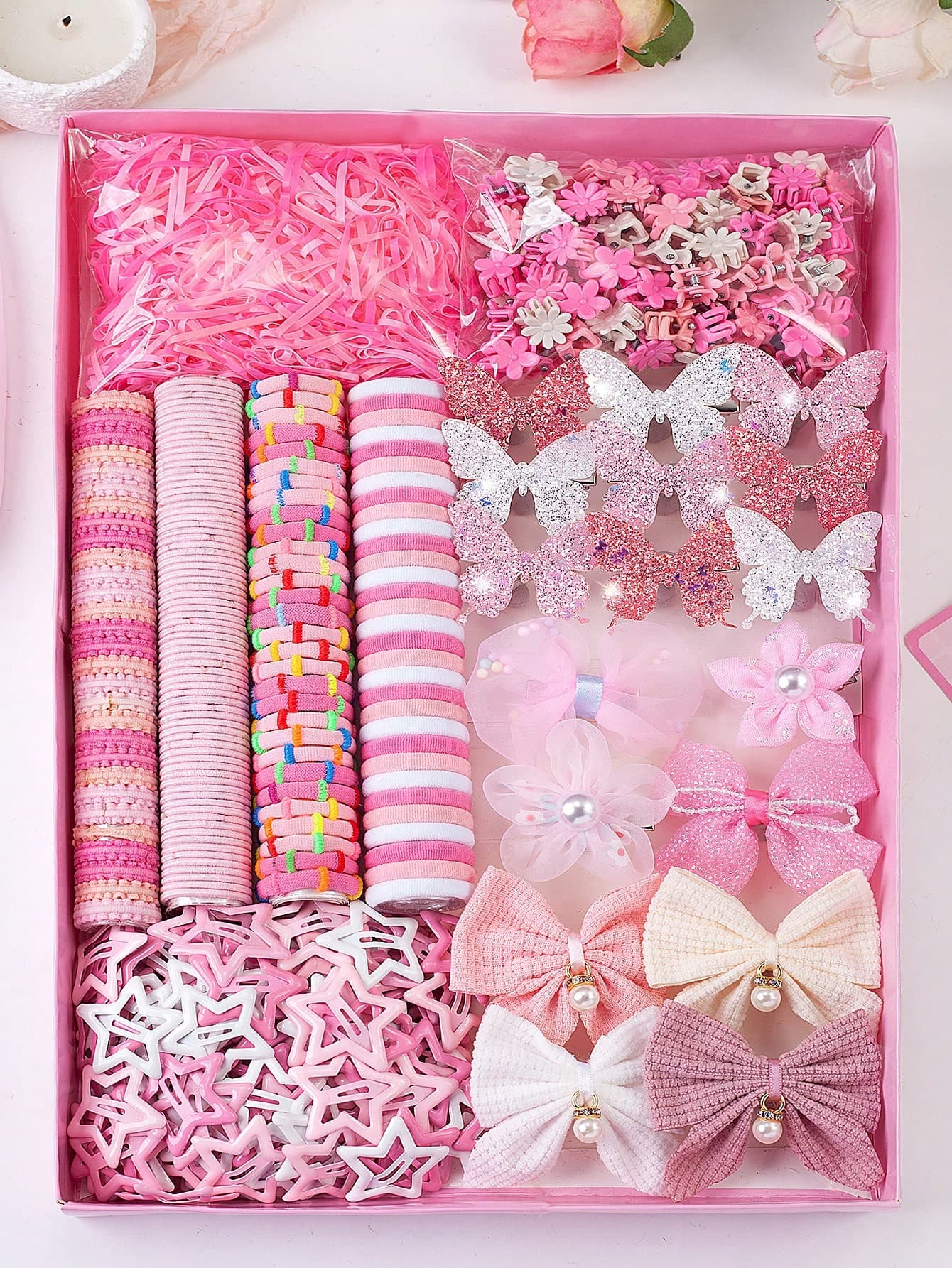8/517PCS Pink Sweet Gentle Girl Hair Accessory Set, Includes Tulle Flower Bow Mixed Hair Clips, Gradient Butterfly Hair Clips, Pearl Bow Hair Clips, Star Bangs Clips, Mini Claw Clips, Suitable For Girls Daily, Party, Gift Use