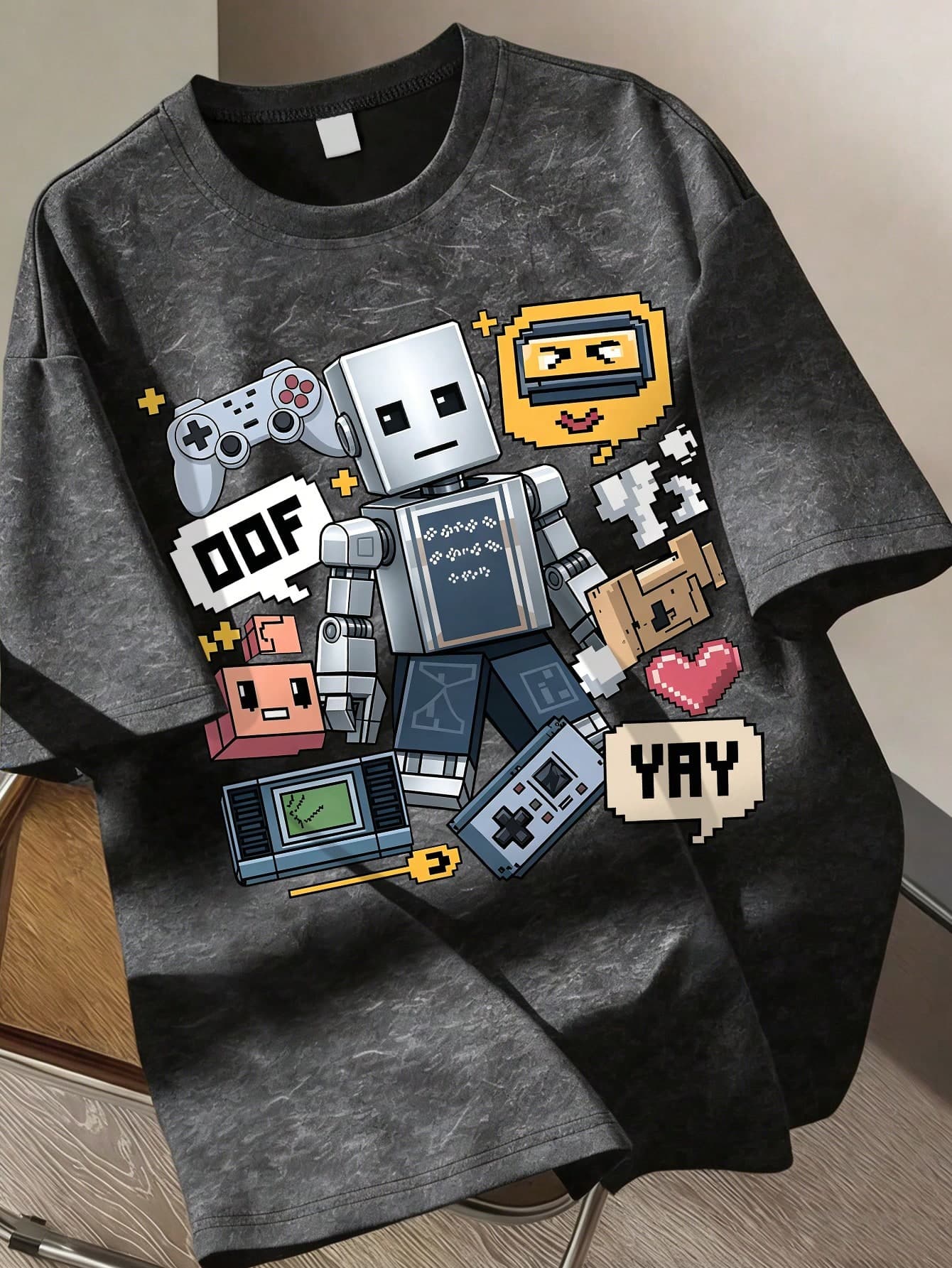 Vintage Robot Game Print Casual Short Sleeve T-Shirt For Teenage Boys