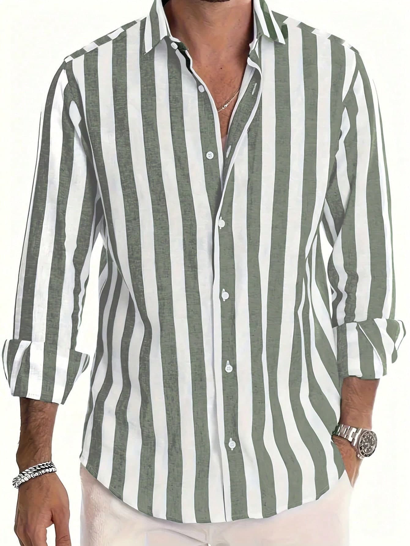 Men's Loose Fit Stiff Thick Material Non-Stretch Summer Fashion Minimalist Long Sleeve Button-Up Casual Turn-Down Collar Shirt