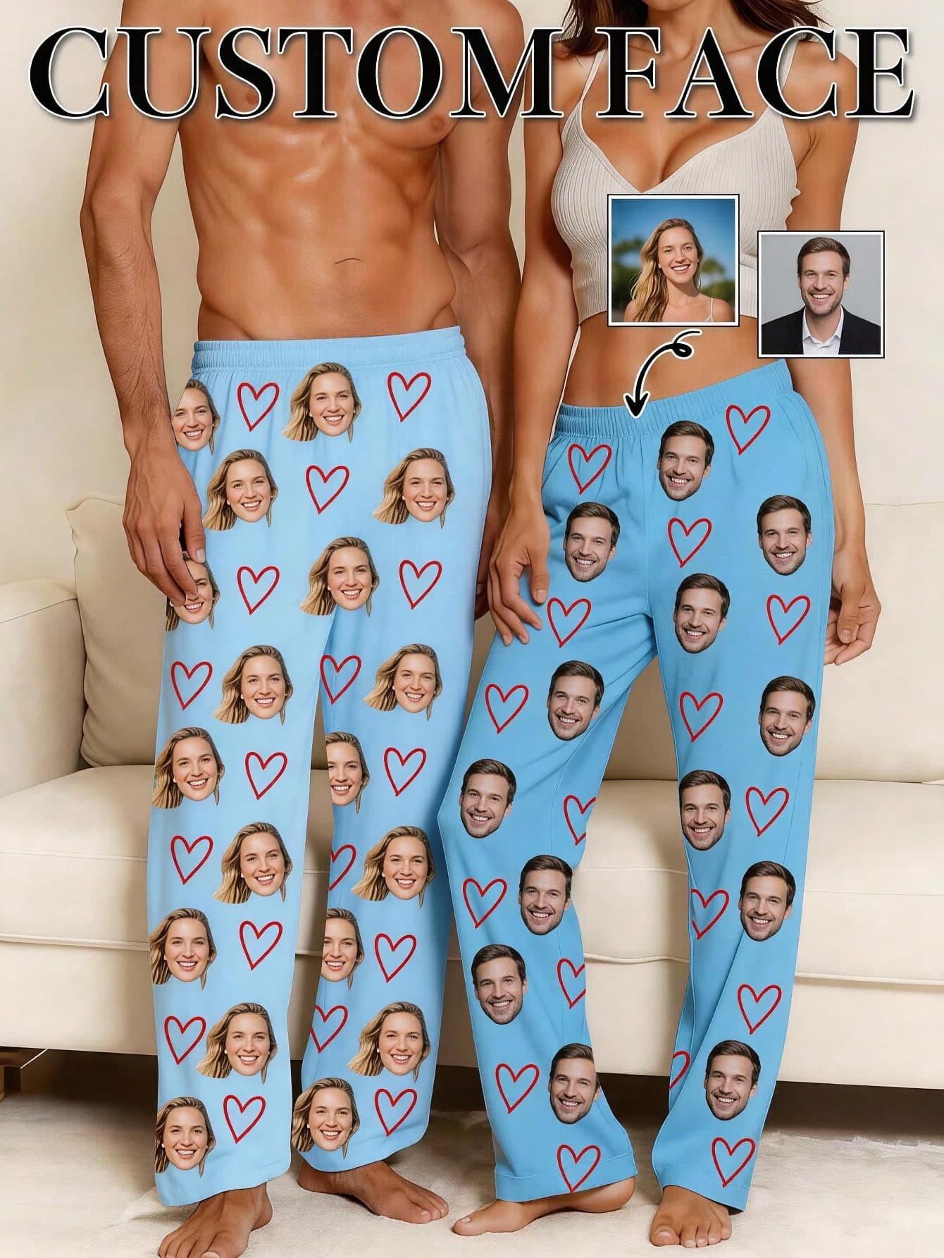 Customized Face Photo Heart Pattern Pajama Pants, Personalized Loungewear, Fun Couple Outfit, Unique Gift For Boyfriend/Girlfriend, Unisex