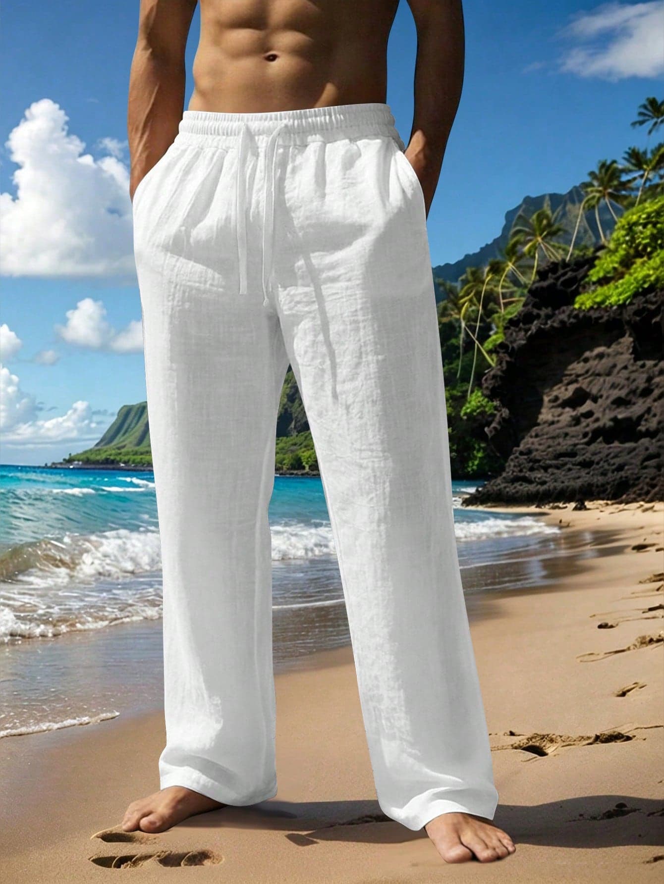 Kolrap Men's Summer Solid Color Thin Drawstring Pants, Casual Regular Fit Straight Leg Beach Trousers, Suitable For Everyday Lightweight Wear, Linen Blended Fabric (Thin Fabric May Wrinkle Easily, Slightly Sheer, Caution For Those Who Mind, Size Runs Small, Recommend Ordering One Size Up)