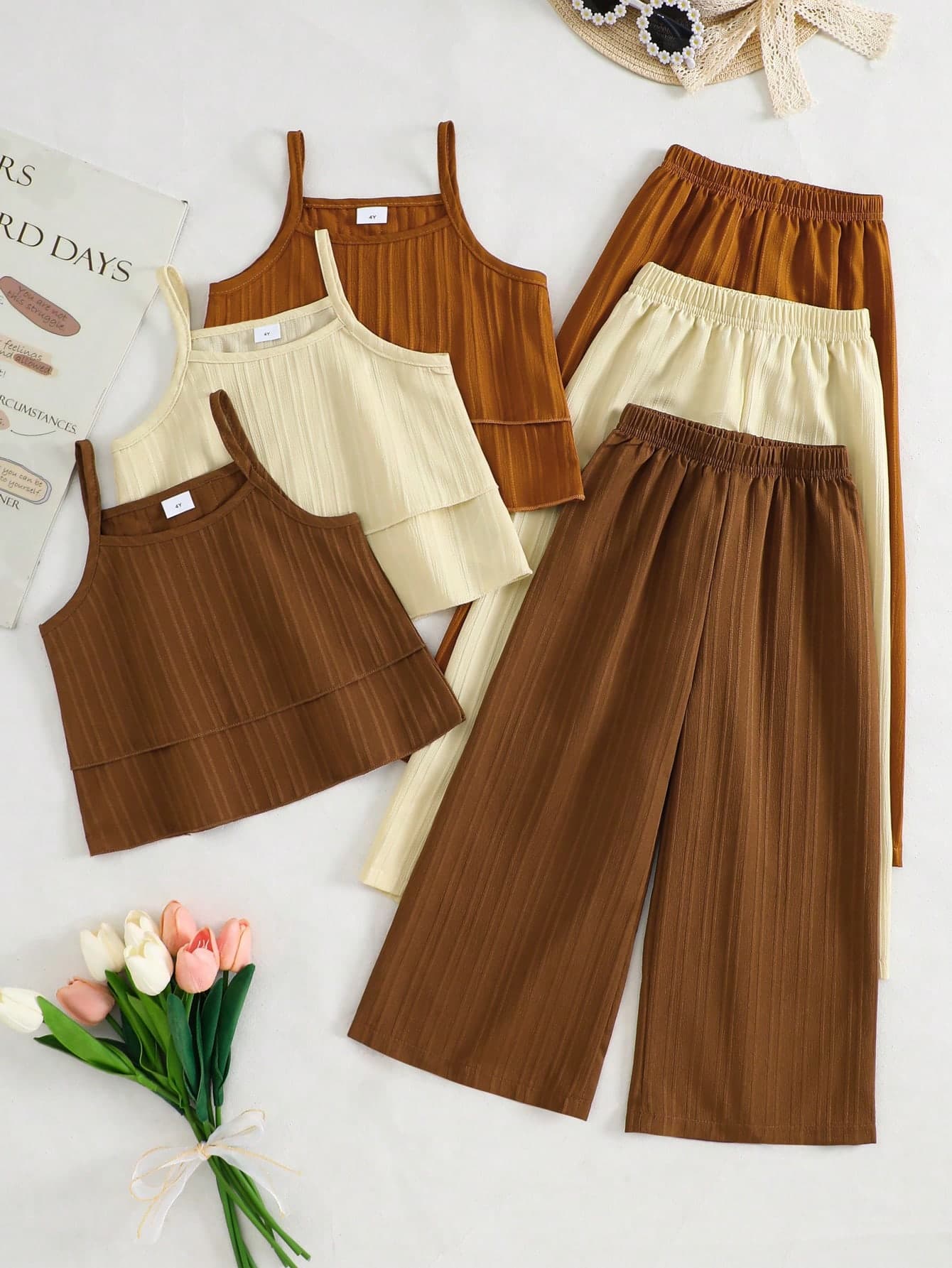 6pcs Girls Casual Solid Color Camisole Top Matched With Loose Fit Pants Outdoor Suit, Spring/Summer