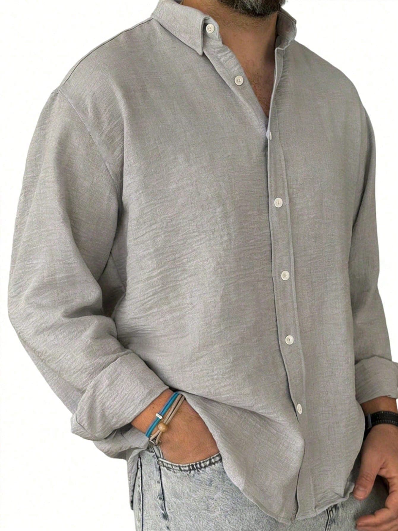 Men's Solid Blue Casual Long Sleeve Shirt, Outdoor Leisure Minimalist Fashion Shirt, Casual Top