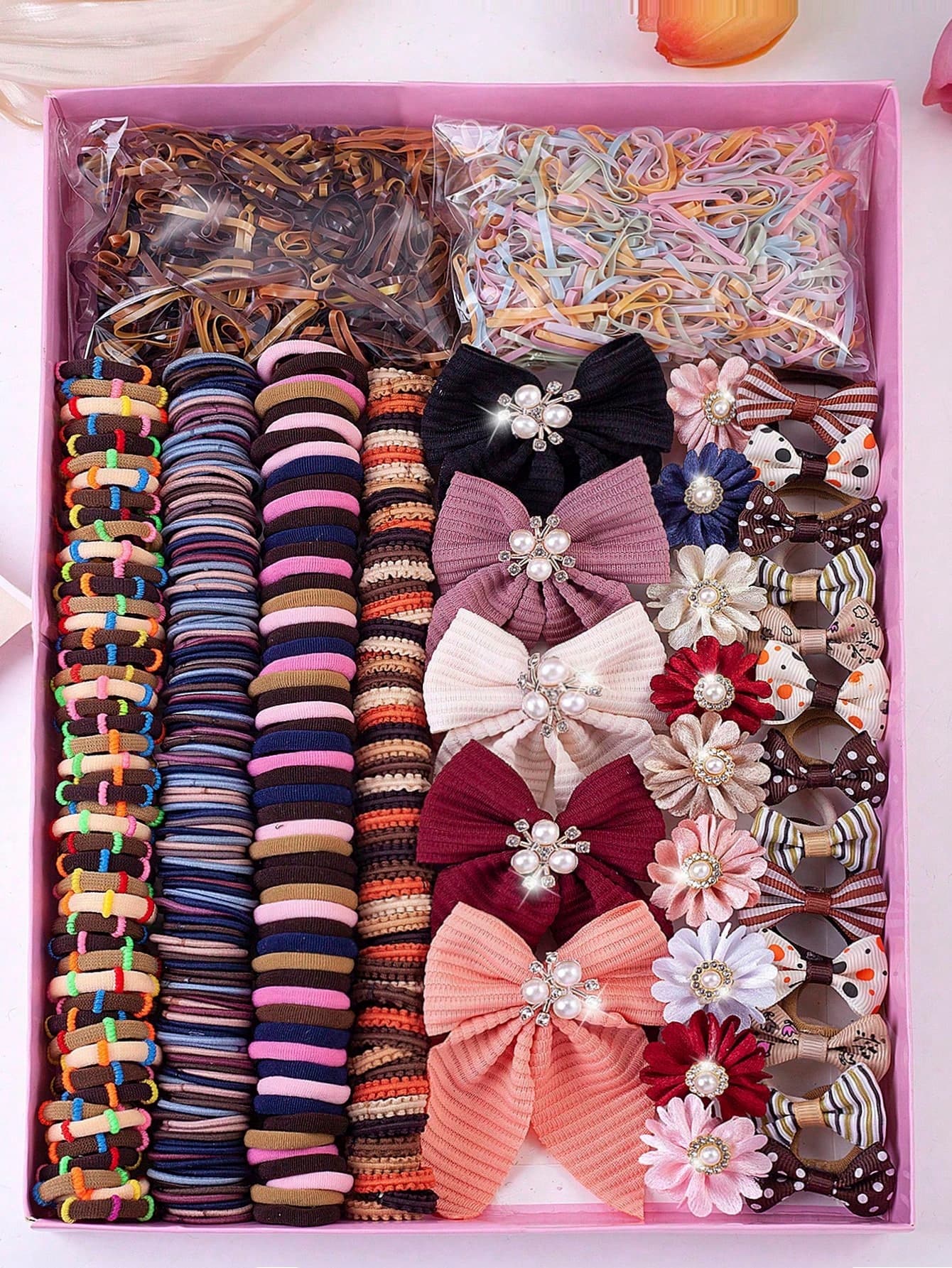 10/805PCS Vintage Earth Tone Girls Hair Accessories Set, Includes Corduroy Pearl Bow Hair Clips, Fabric Flower Hair Clips, Plaid Polka Dot Bow Hair Ties, Multiple High Elasticity Non-Damaging Hair Ties, Suitable For Girls Daily, Party, Gift Use